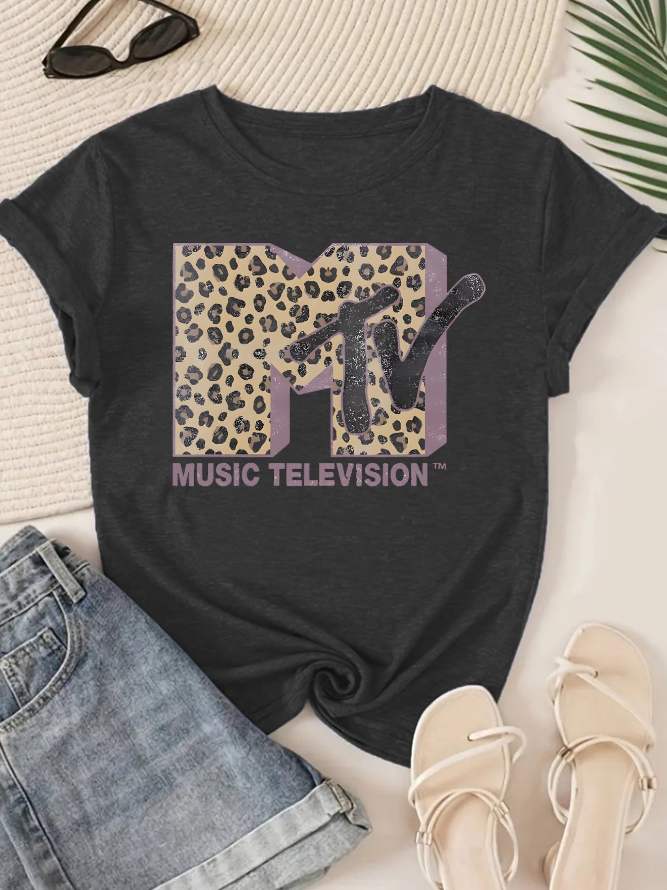 Women's MTV Logo Leopard Print Short Sleeve T-Shirt - Soft Rayon Blend, Breathable & Stretchy Casual Round Neck Top for Spring Summer Fall, Machine Washable Everyday Tee, Ladies T-shirts, Music Fan Apparel, Bold Graphic Shirt, Comfortable Fit Shirt