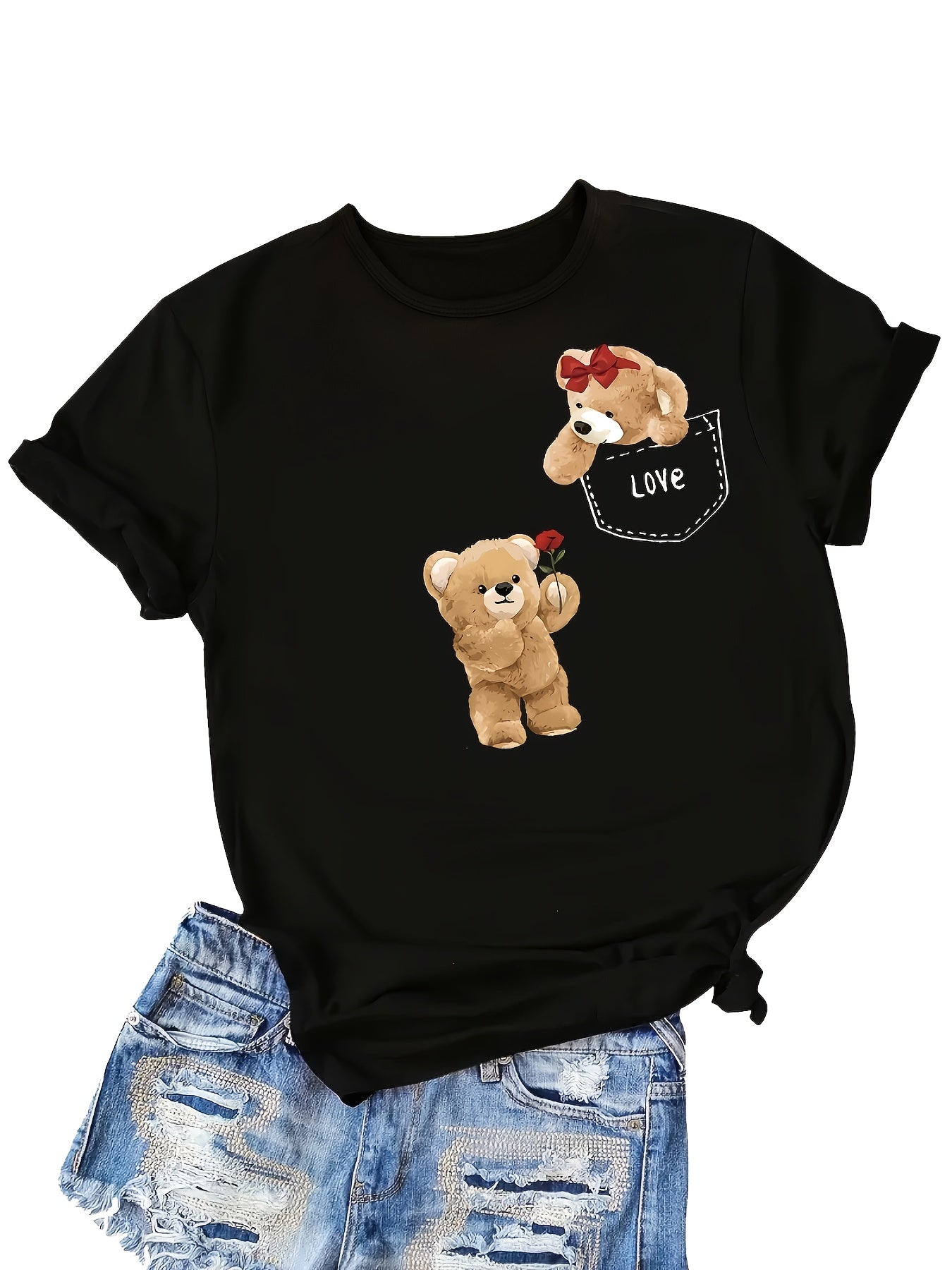 [Cute Teddy Bear T Shirt] Soft Women's Black Cute Teddy Bear LOVE Graphic T-Shirt | Machine Washable All-Season Comfort Fit, Durable Fabric Shirt, Round Neck Short Sleeve Casual Top