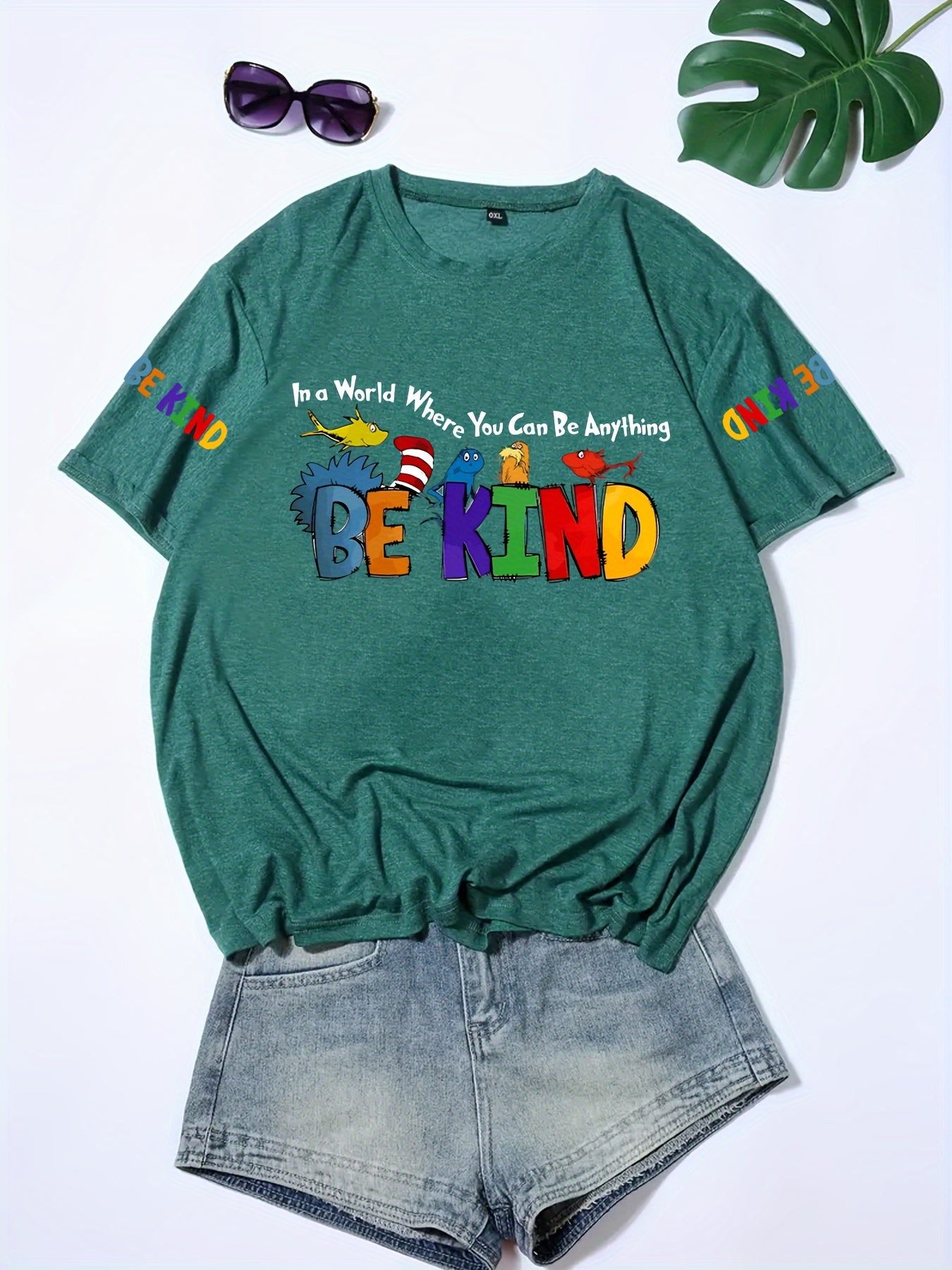 Women's Plus Size Colorful Sleeve T-Shirt - BEKIND Letter Print with Cute Animal & Rainbow Graphic, Vibrant Orange Casual Round Neck Top for Spring Summer Fall, Everyday Comfort Tee, Playful Graphic Tee, Soft Comfortable Material