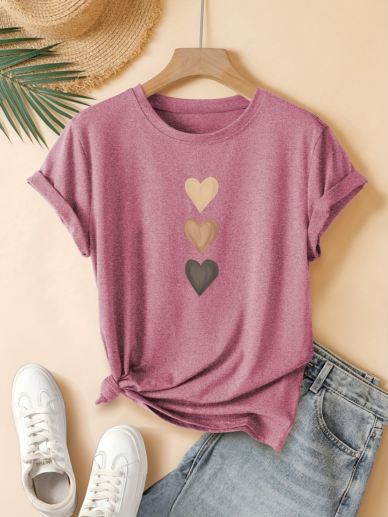 Women'S Retro Heart Print T-Shirt - Casual & Sporty Round Neck Short Sleeve Top, Medium Stretch, Dark Gray with Golden Hearts, Perfect for Spring/Summer/Fall, Casual Summer Top | Retro Heart Design | Medium Stretch Fabric