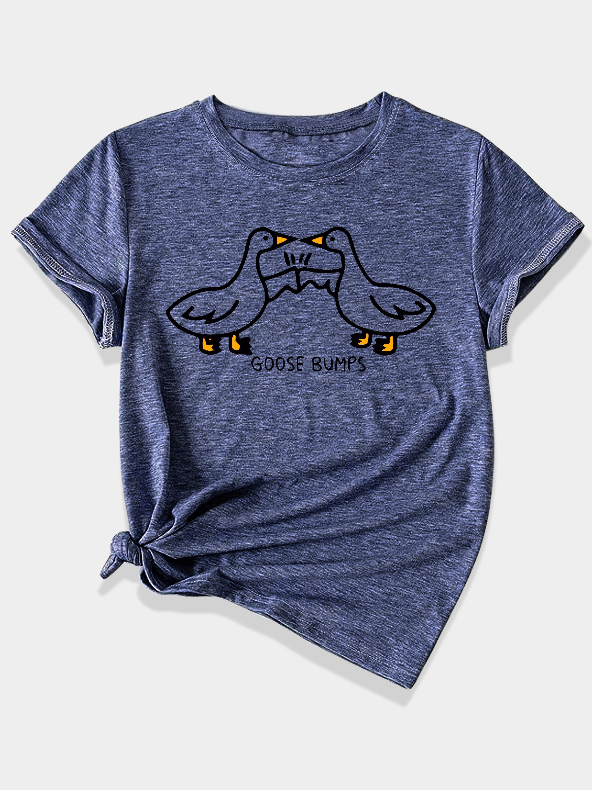 Women's Navy Blue Goose Bumps Graphic T-Shirt - Vintage Casual Short Sleeve Top with Playful Goose Design, Round Neck, Machine Washable, Spring Summer Fall Essential (S-XXL), Spring Summer Apparel, Animal Print Shirt, Comfortable Fit Shirt