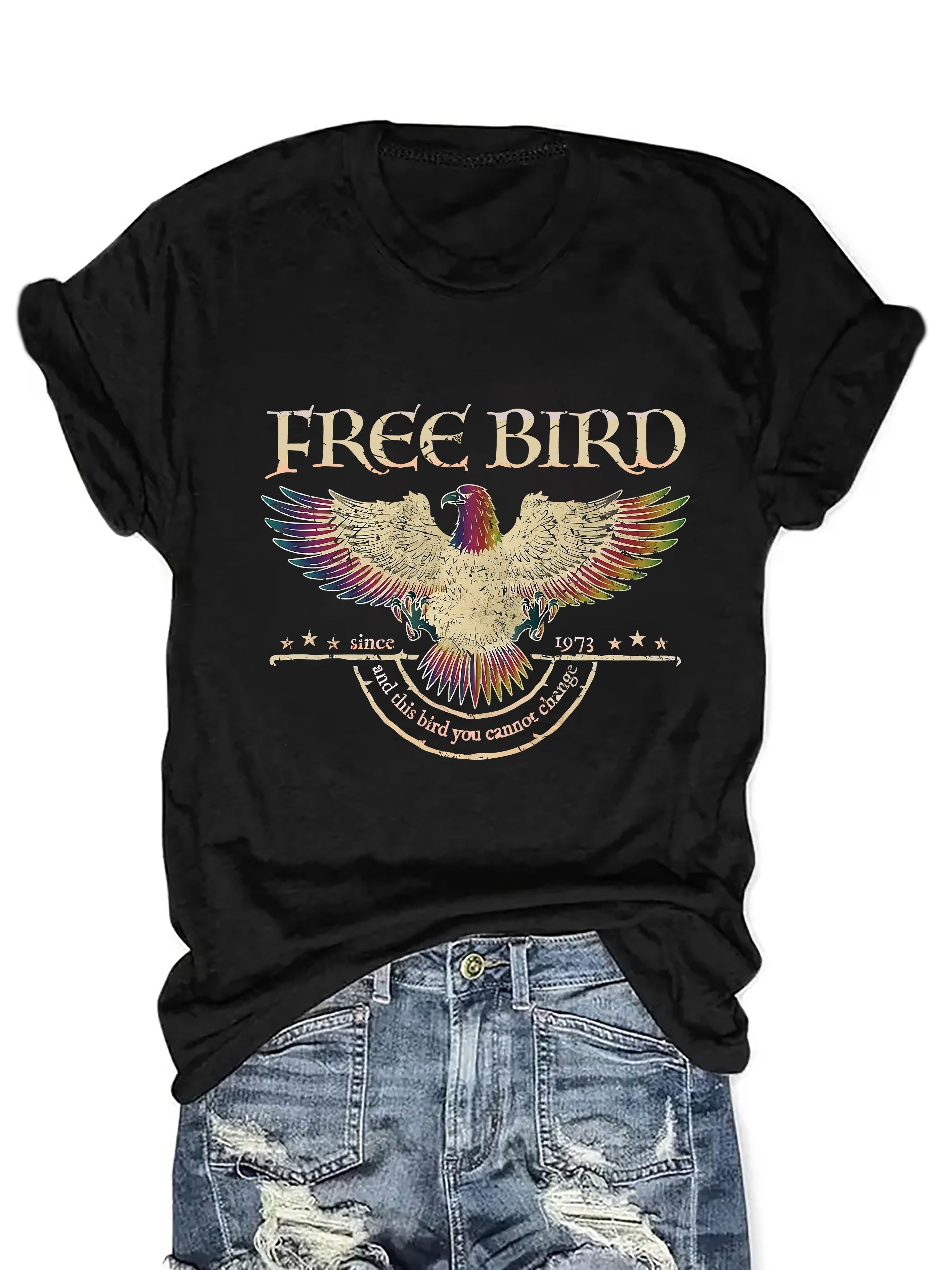 Women's Casual Graphic Letter Print T-Shirt - Vibrant Orange FREE BIRD Design with Eagle & Stars, Fitted Round Neck, Medium Stretch, Machine Washable All-Season Comfort, T-shirt Stylish, Comfortable Clothing, Mediumstretch Fabric