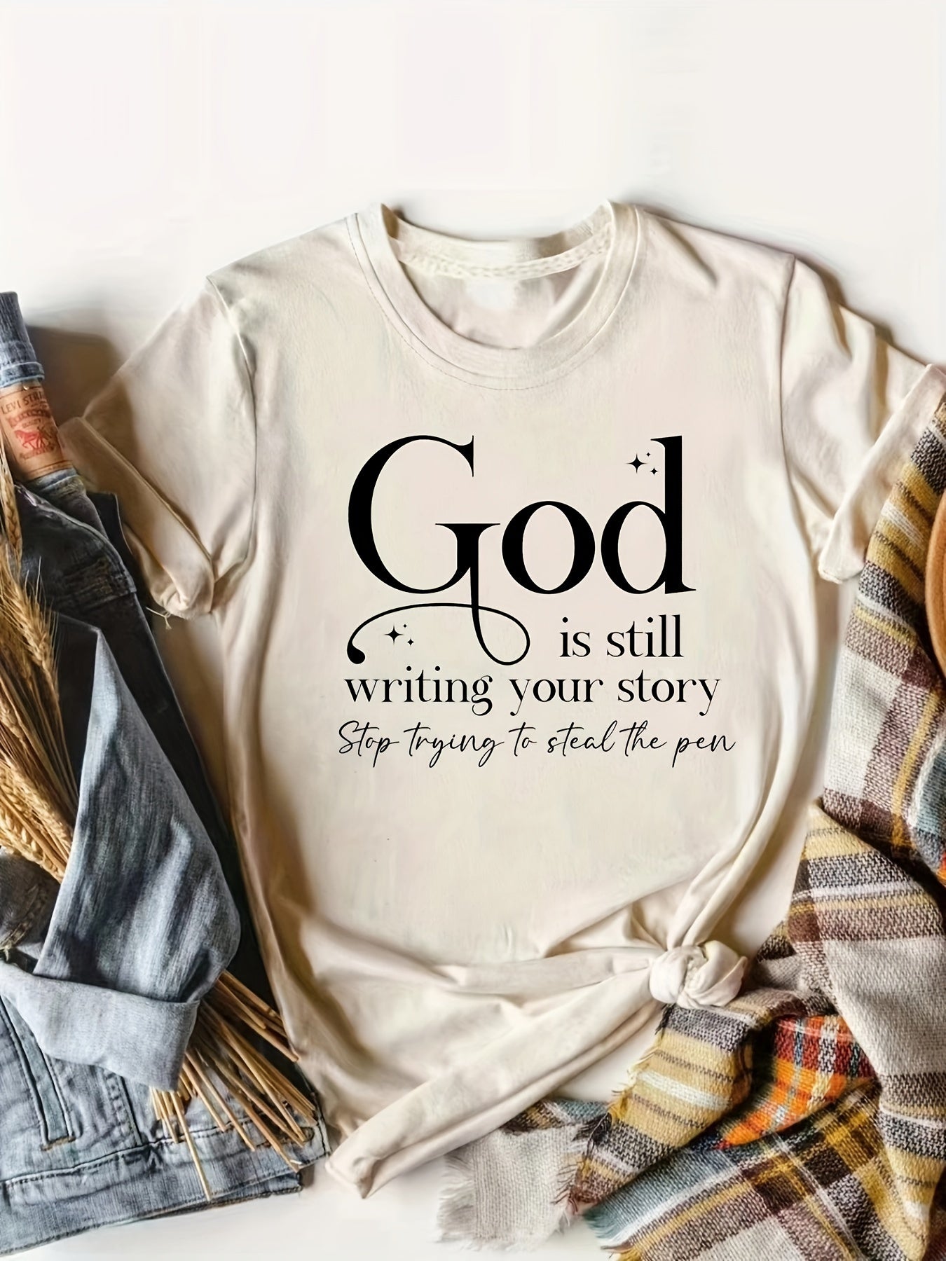 God Print Crew Neck T-shirt, Casual Short Sleeve Top For Spring & Summer, Women's Clothing