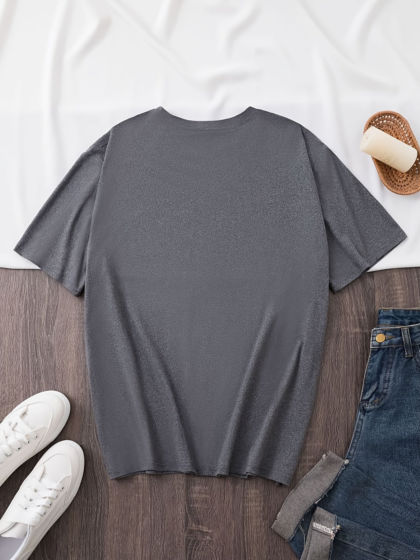 Women'S Casual Crew Neck T-Shirt, 100% Polyester Knit Fabric, Geometric Smile Face Pattern, Summer Fashion Top, Regular Length - 180G/M²