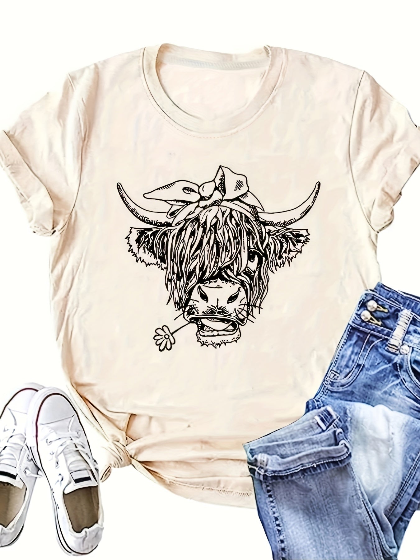 Cow Head Print T-Shirt, Crew Neck Short Sleeve T-Shirt, Casual Every Day Tops, Women's Clothing