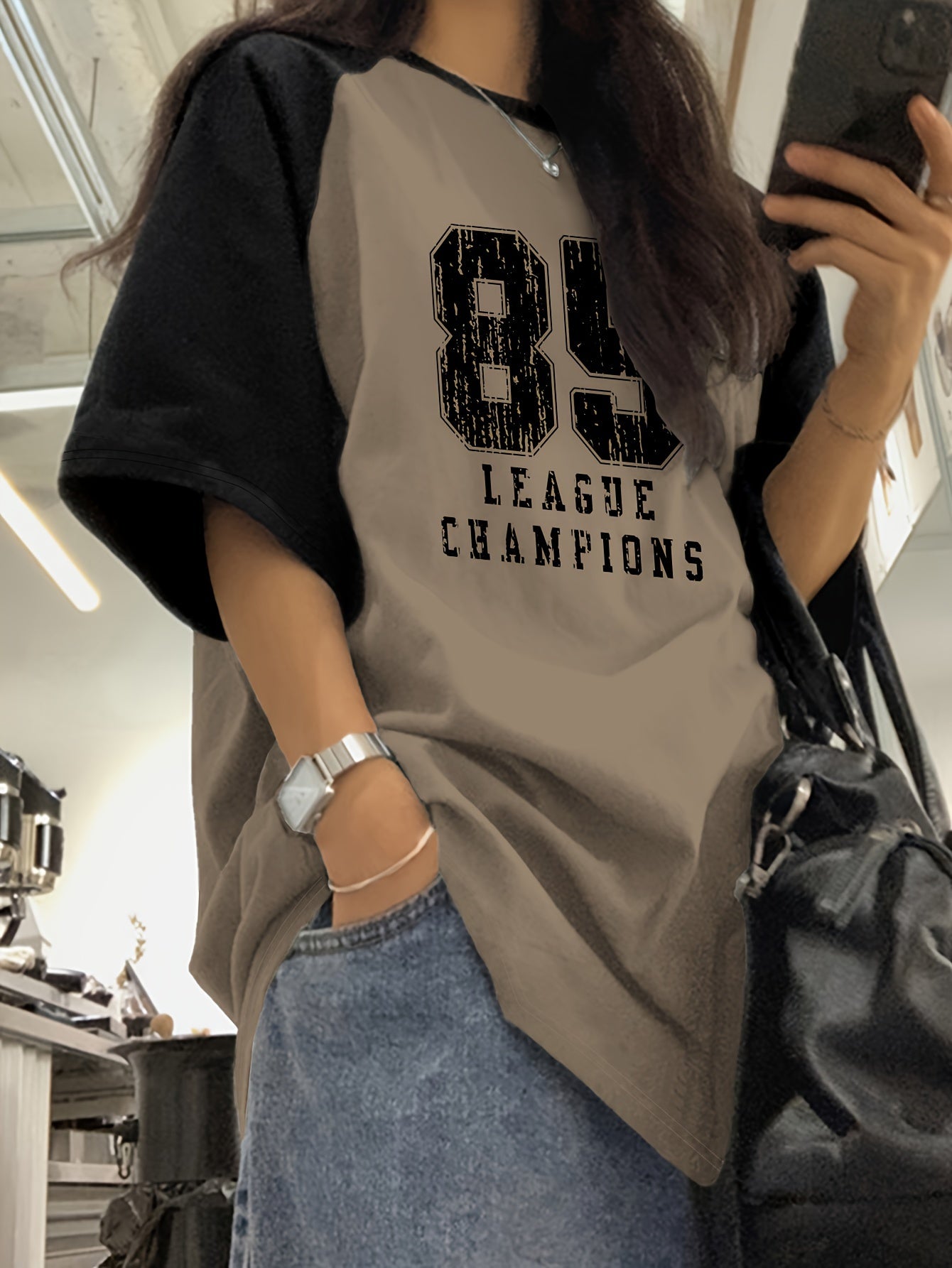 Women'S Casual Y2K-Inspired "8.5 League Champions" Graphic Tee - Black & Olive, Short Sleeve, Crew Neck, Casual Attire|Vintage Print Top|Short Sleeve Shirt