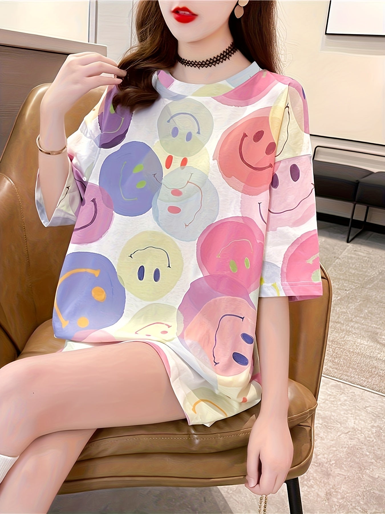 Women's Plus Size Slim Loose Fit Cartoon joyful Face Print T-Shirt - Medium Stretch Longline Casual Top, Breathable Round Neck Short Sleeve for Spring Summer Fall, Machine Washable, Cute T Shirts, Comfortable Clothing, Nontransparent Material