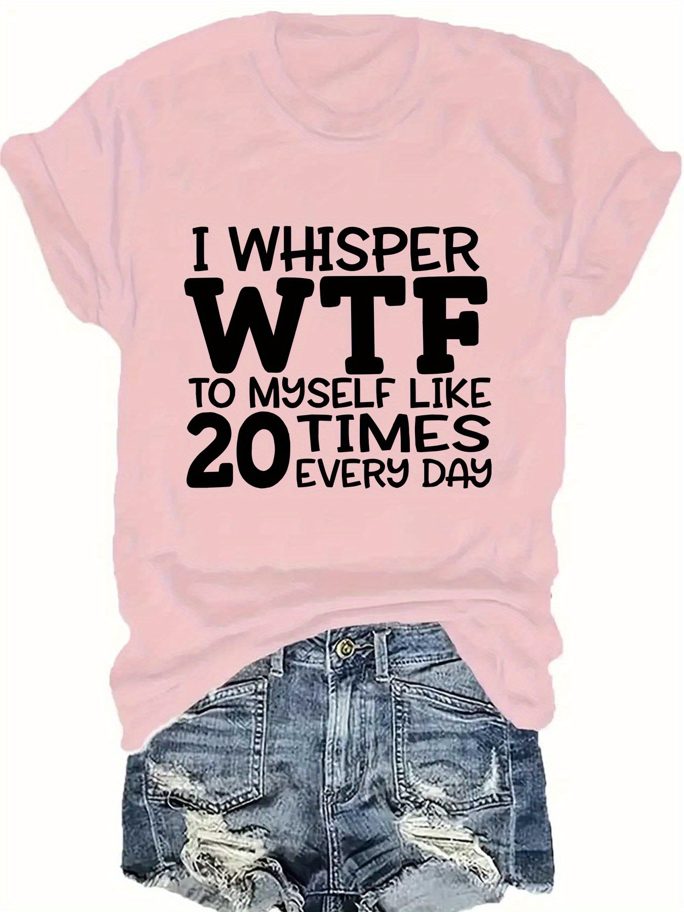 [Casual Polyester T-Shirt] Polyester Women's Casual T-Shirt | "I Whisper WTF" Letter Print, Short Sleeve Crew Neck Top, Knit Fabric, Regular Length - 100% Polyester, 180g/m², All Seasons