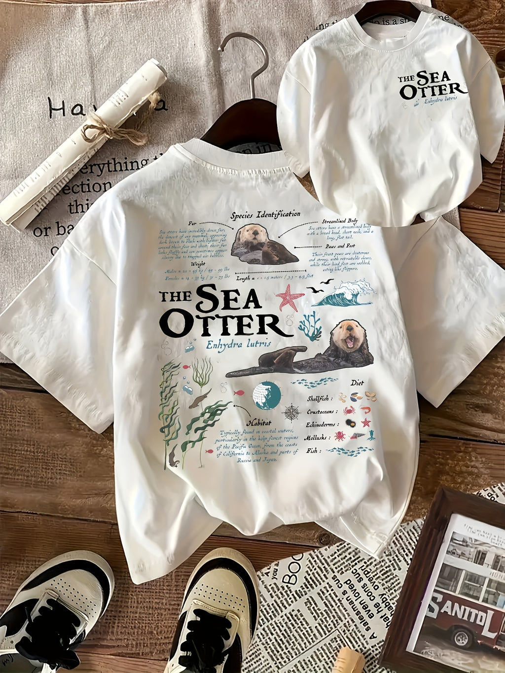 Women's Casual Short Sleeve T-Shirt - Sea Otter Graphic Print with Educational Facts, Soft Breathable Fabric, Relaxed Fit Round Neck, Machine Washable All-Season Comfort Top, Playful Casualwear, Vibrant Graphic Tee, Stretchy Fabric