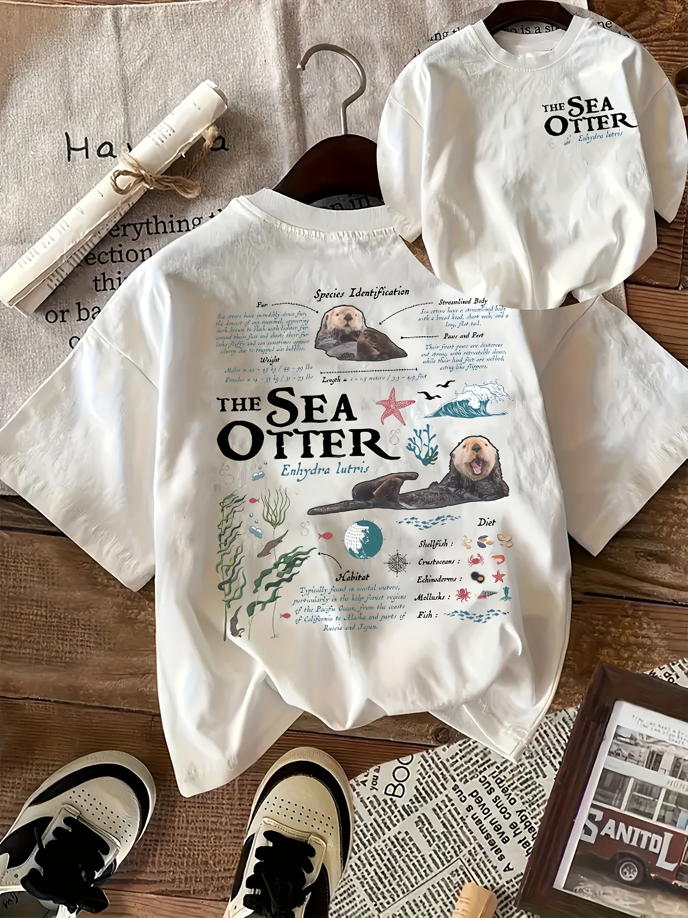 Women's Casual Short Sleeve T-Shirt - Sea Otter Graphic Print with Educational Facts, Soft Breathable Fabric, Relaxed Fit Round Neck, Machine Washable All-Season Comfort Top, Playful Casualwear, Vibrant Graphic Tee, Stretchy Fabric