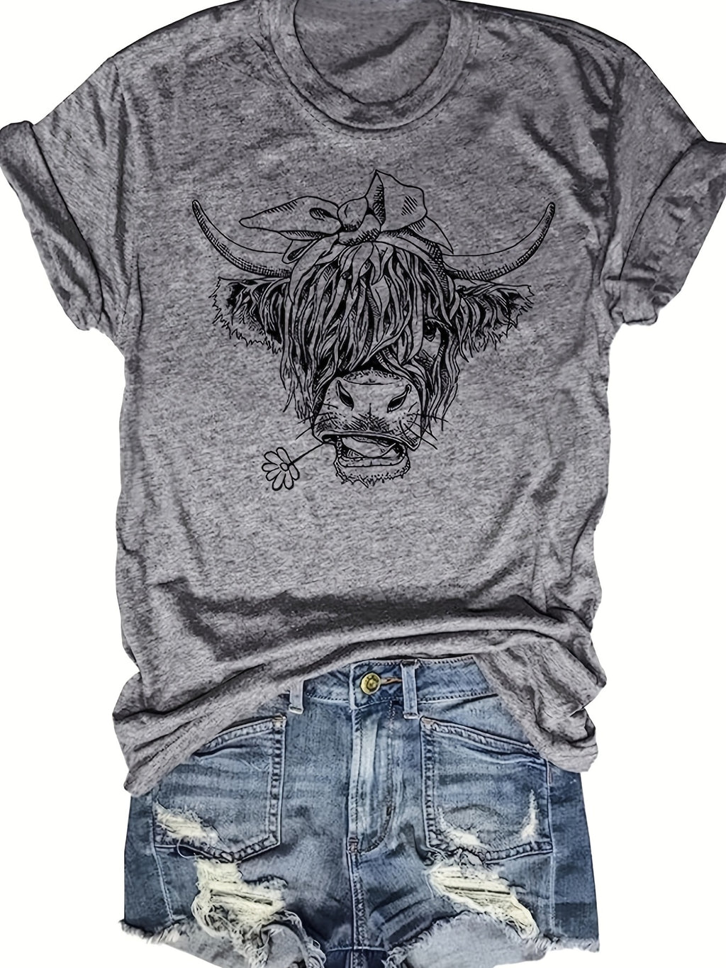 Cow Head Print T-Shirt, Crew Neck Short Sleeve T-Shirt, Casual Every Day Tops, Women's Clothing