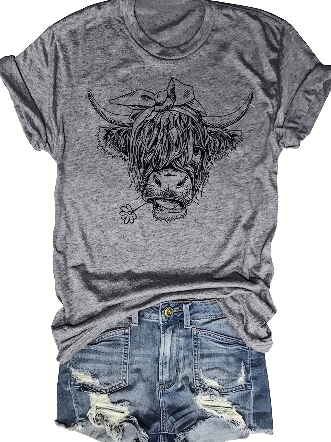 Cow Head Print T-Shirt, Crew Neck Short Sleeve T-Shirt, Casual Every Day Tops, Women's Clothing