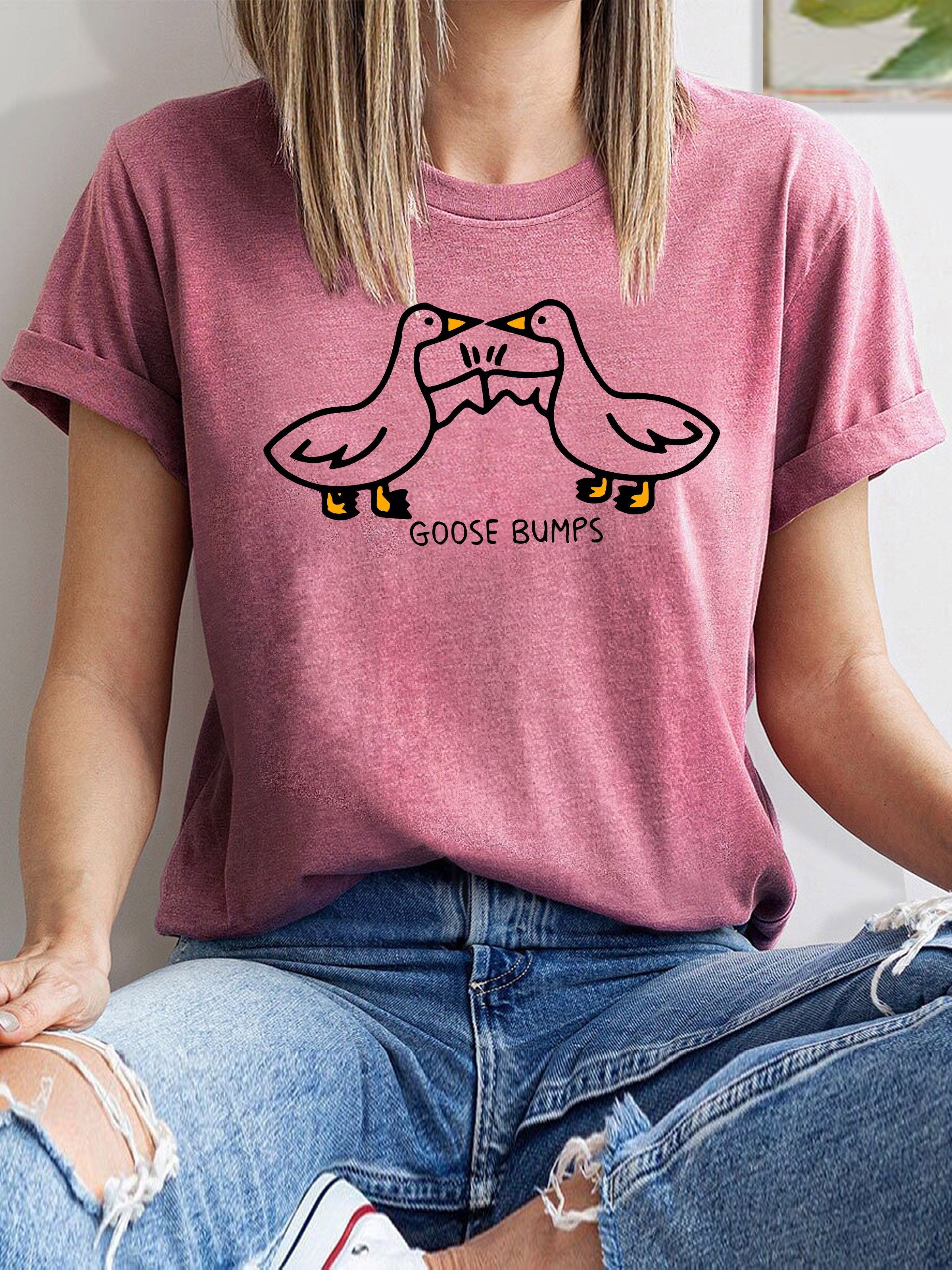 Women's Navy Blue Goose Bumps Graphic T-Shirt - Vintage Casual Short Sleeve Top with Playful Goose Design, Round Neck, Machine Washable, Spring Summer Fall Essential (S-XXL), Spring Summer Apparel, Animal Print Shirt, Comfortable Fit Shirt