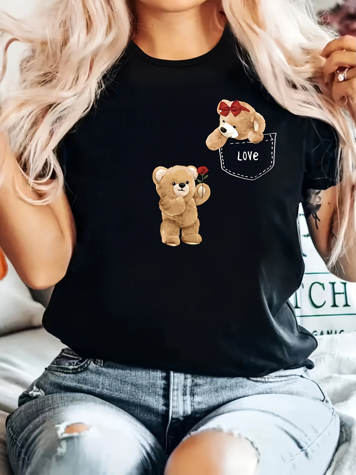 [Cute Teddy Bear T Shirt] Soft Women's Black Cute Teddy Bear LOVE Graphic T-Shirt | Machine Washable All-Season Comfort Fit, Durable Fabric Shirt, Round Neck Short Sleeve Casual Top