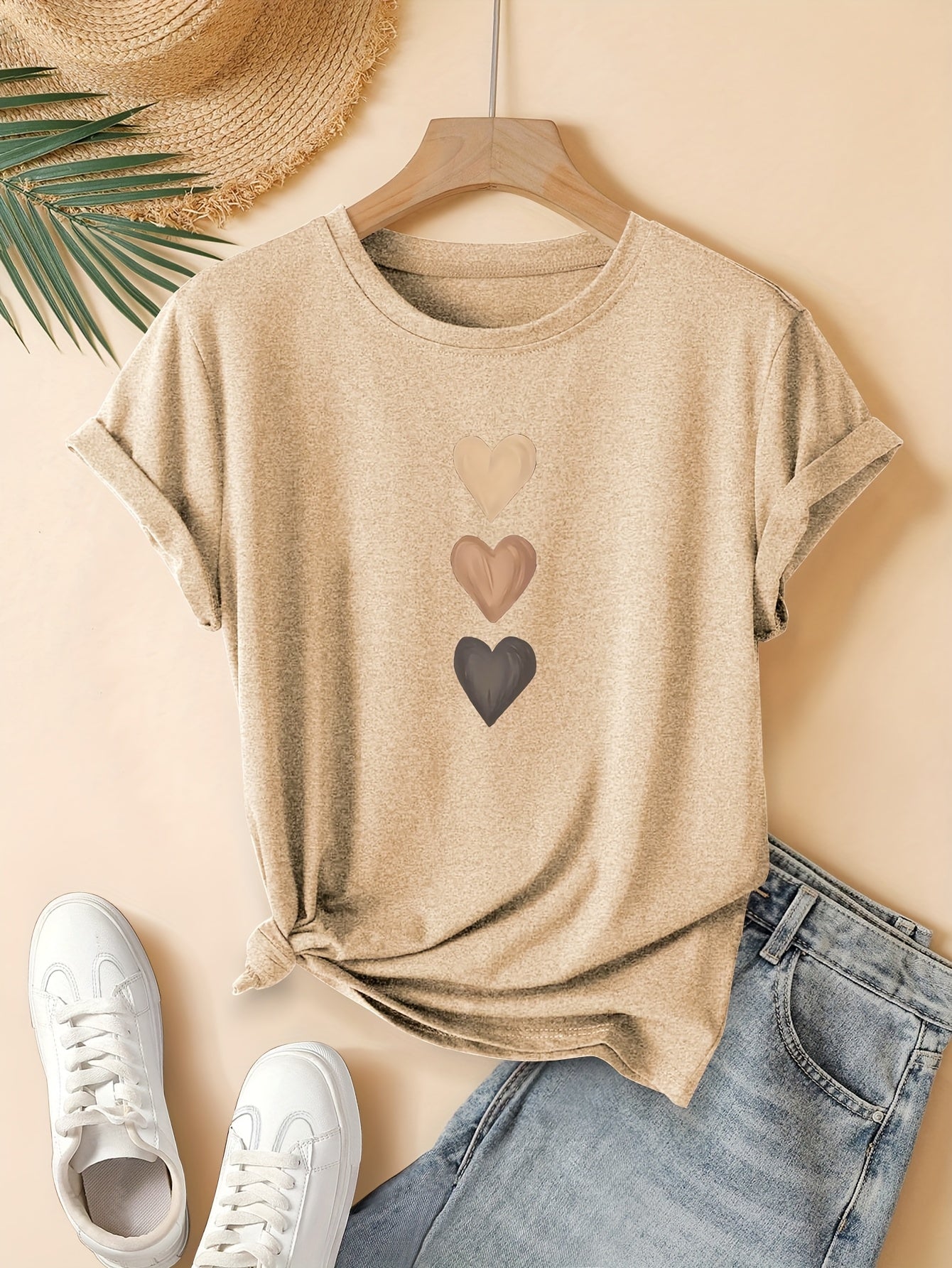 Women'S Retro Heart Print T-Shirt - Casual & Sporty Round Neck Short Sleeve Top, Medium Stretch, Dark Gray with Golden Hearts, Perfect for Spring/Summer/Fall, Casual Summer Top | Retro Heart Design | Medium Stretch Fabric