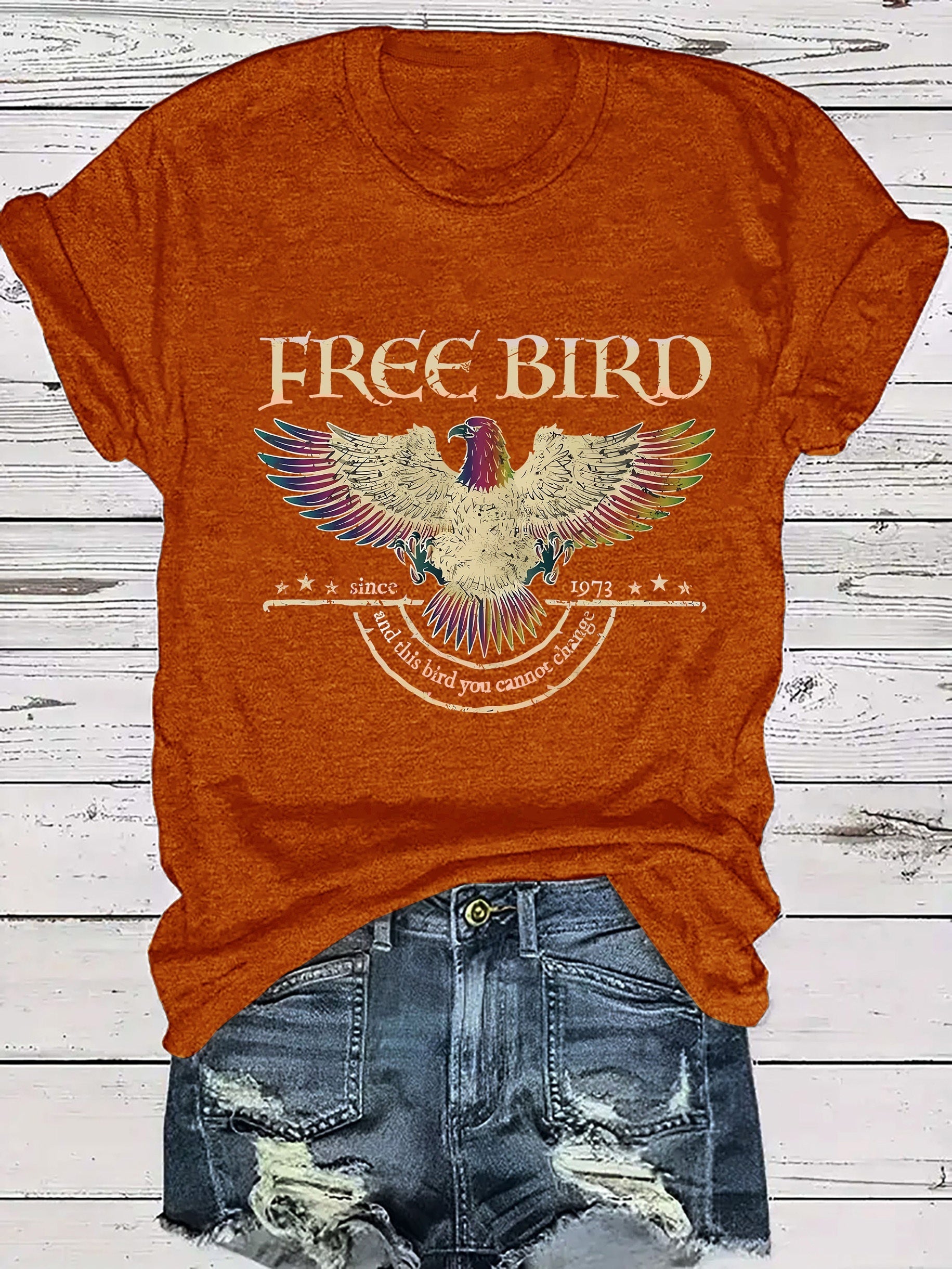 Women's Casual Graphic Letter Print T-Shirt - Vibrant Orange FREE BIRD Design with Eagle & Stars, Fitted Round Neck, Medium Stretch, Machine Washable All-Season Comfort, T-shirt Stylish, Comfortable Clothing, Mediumstretch Fabric