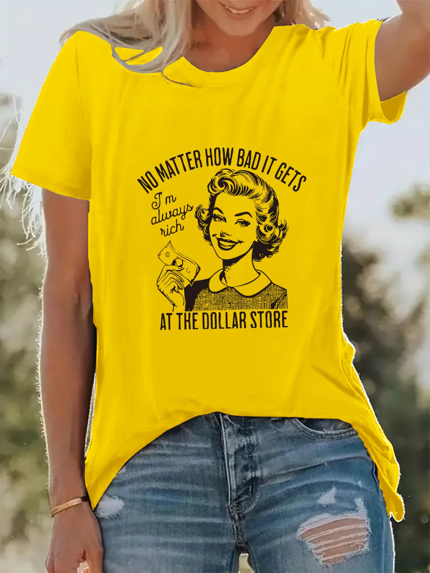 [Retro Style Tee] Pink Women's Retro Graphic T-Shirt | "I Don't Care How Bad It Gets" Vintage Illustration, Stretch Polyester Blend, Machine Washable, Casual Short Sleeve Tee, Perfect for Spring & Summer Vacations