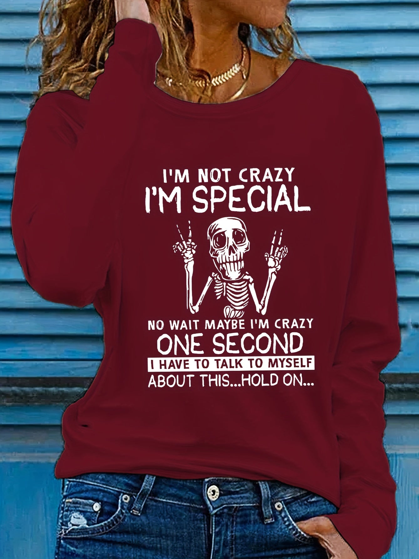 [Graphic T-Shirt] Humorous Graphic Women's Long Sleeve T-Shirt | "I'm Not Crazy" Letter Print Crew Neck Casual Top, Heather Gray, Machine Washable, Spring & Fall Essential, Allseason Fabric