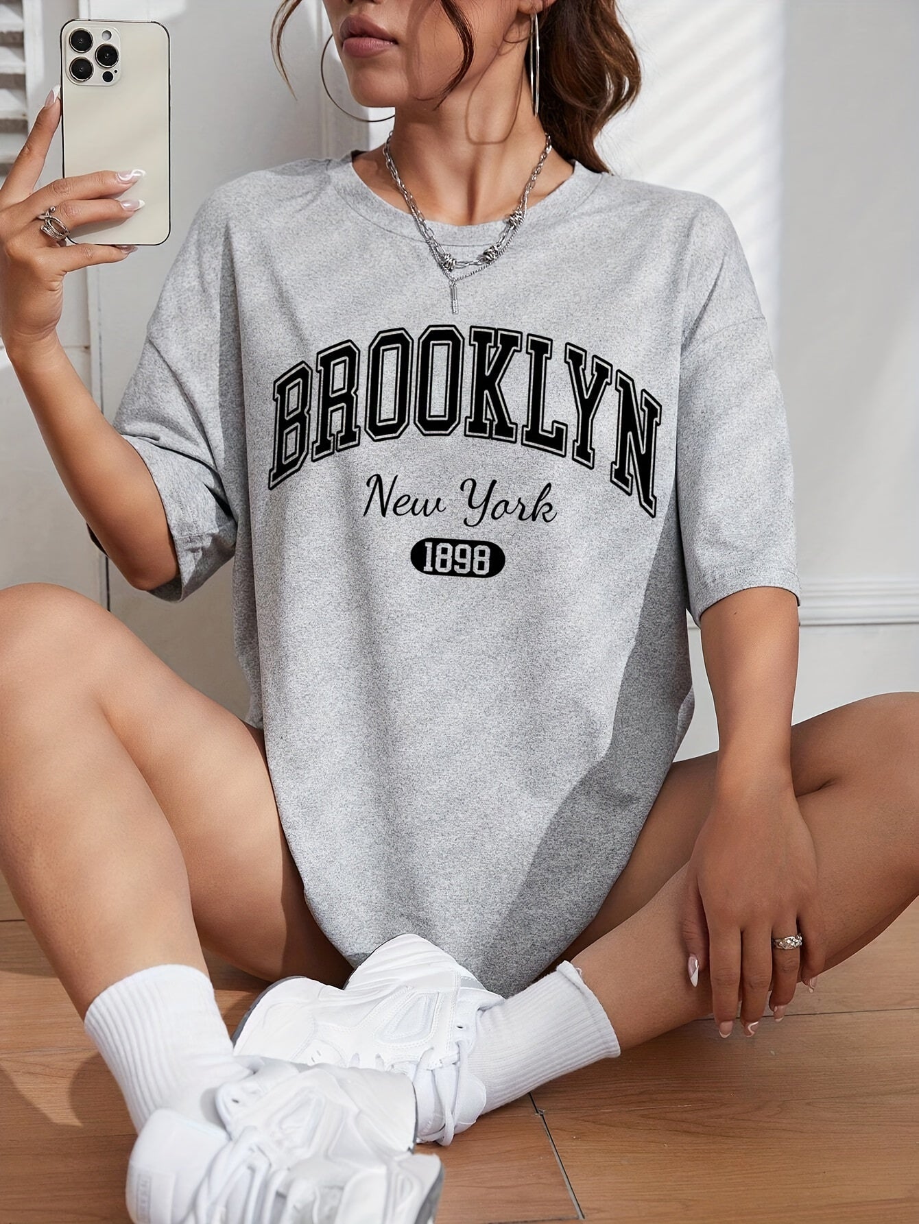 Letter & Number Print Casual T-Shirt, Short Sleeves Round Neck Loose Fit Sports Tee, Women's Sporty Tops