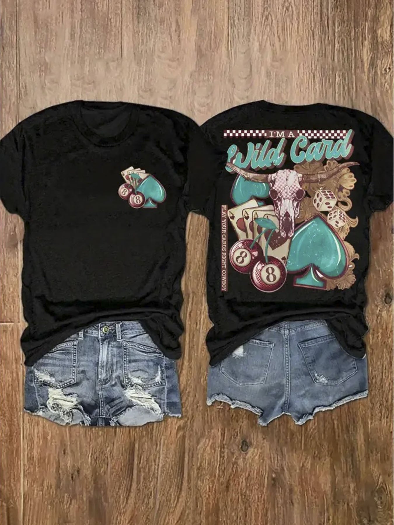 Women's Western Graphic T-Shirt - Loose Fit Cowboy Racing Design Tee, Wild Card & Checkered Print Casual Shirt for Country Western Theme Parties, Everyday Outfits - Machine Washable Soft Everyday Top, Cowboy Accessories, Summer Clothing, Comfortable