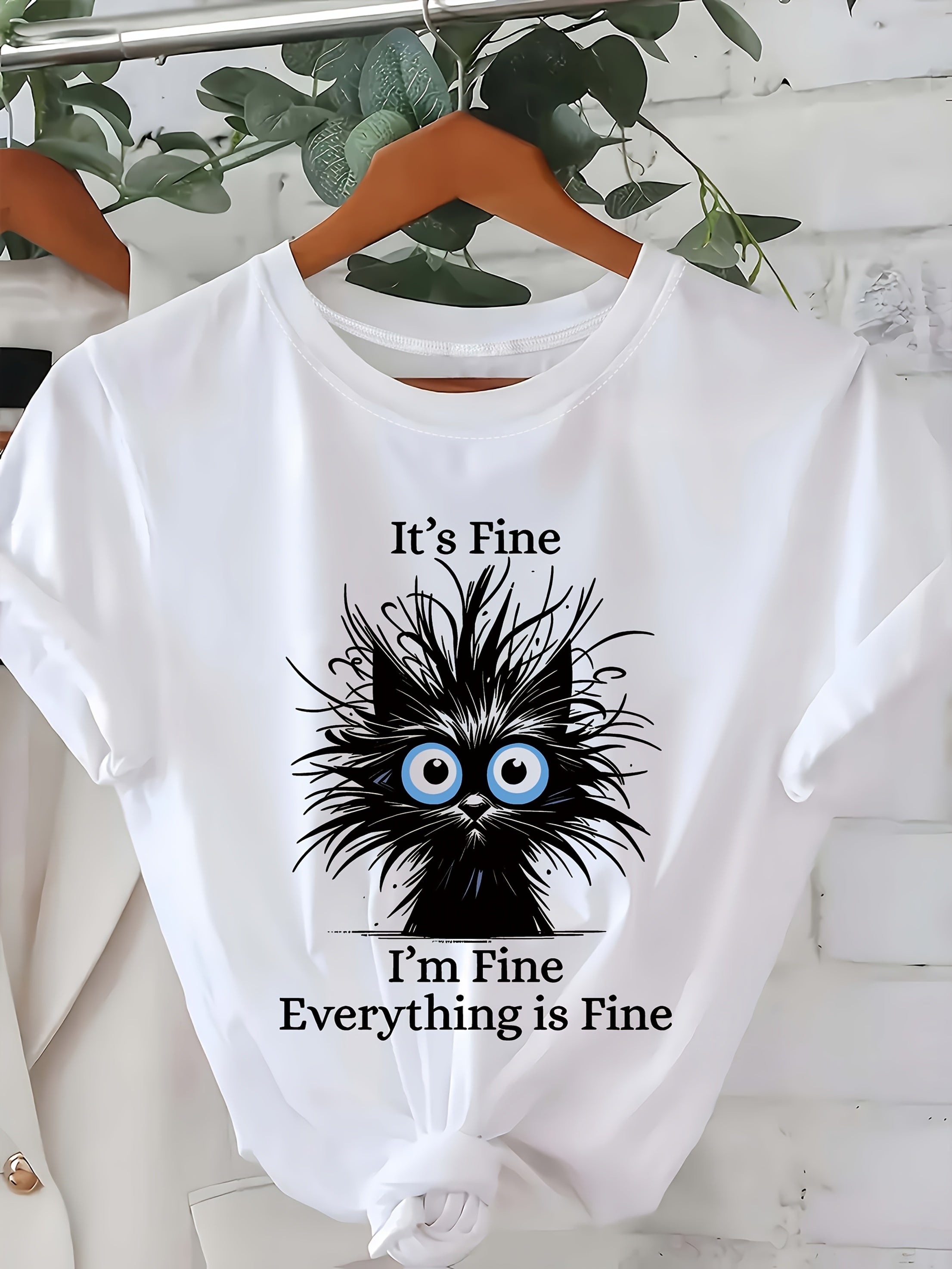 Women's Light Blue Casual Short Sleeve T-Shirt - "It's Fine I'm Fine Everything Is Fine" Sarcastic Cat Graphic Print, Round Neck Summer Fit, Medium Stretch Machine Washable Tee, Cat T Shirt, Everyday Apparel, Playful Design, Stretchy Fabric