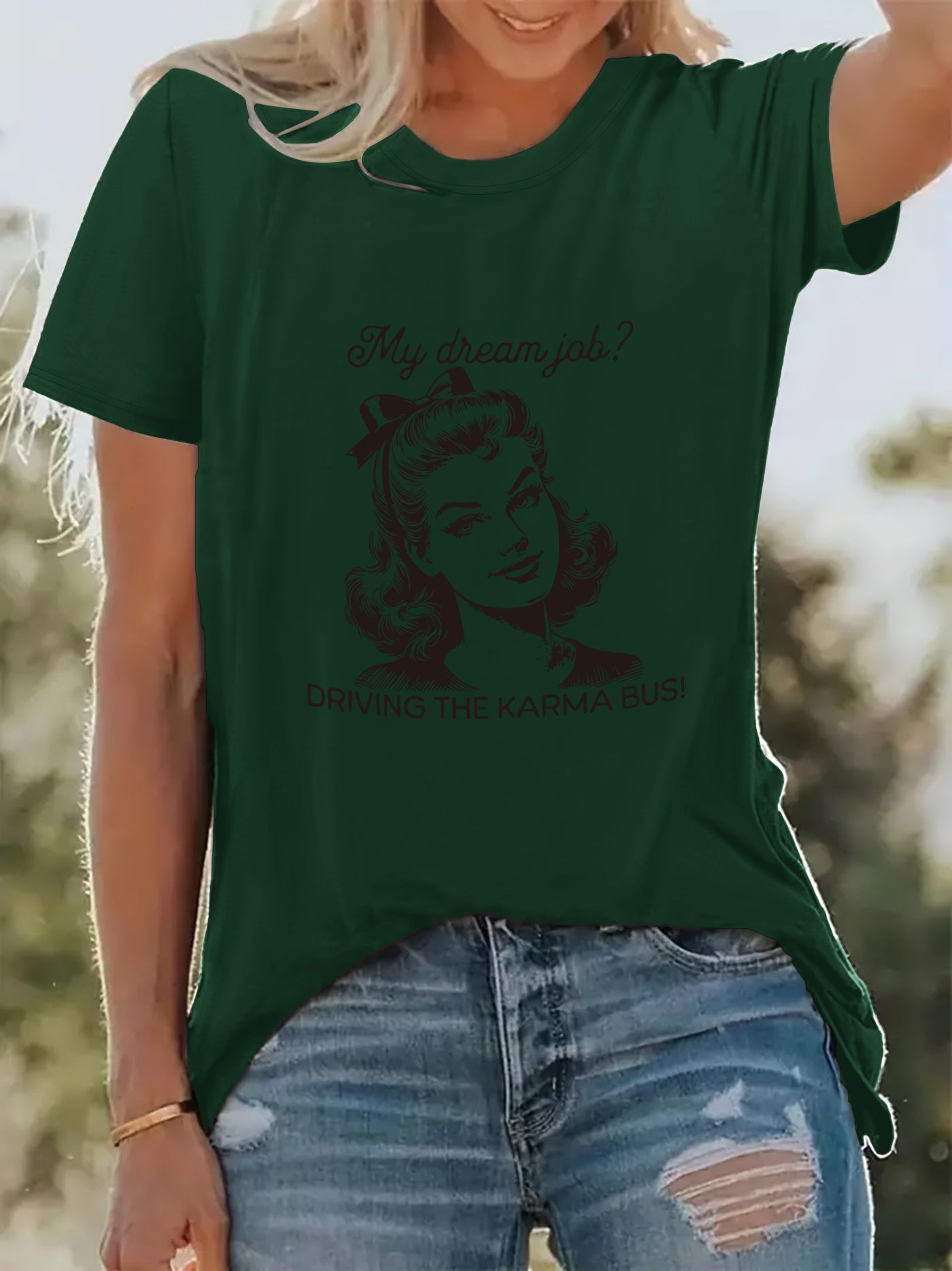 Women'S "My Dream Job? Driving the Karmabus!" Graphic Tee - Casual Crew Neck, Stretchy Polyester Blend, Short Sleeve, Machine Washable - Perfect for Spring & Summer Vacations, Vacation Clothing | Playful Print | Comfortable Fit, Ladies T Shirts