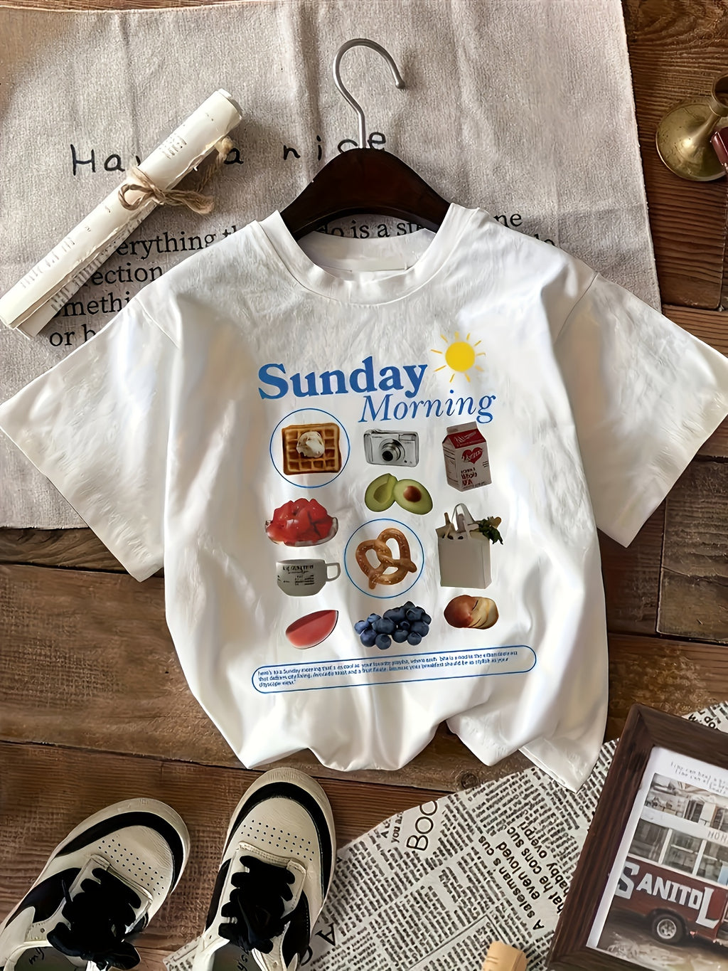 Women's Retro Graphic Short Sleeve T-Shirt - Sunday Morning Food Print, Breathable Semi-Sheer Fabric, Round Neck Casual Top for Summer, Machine Washable, Vintage T Shirts, Everyday Comfort Tee, Foodthemed Design, Soft Texture Shirt