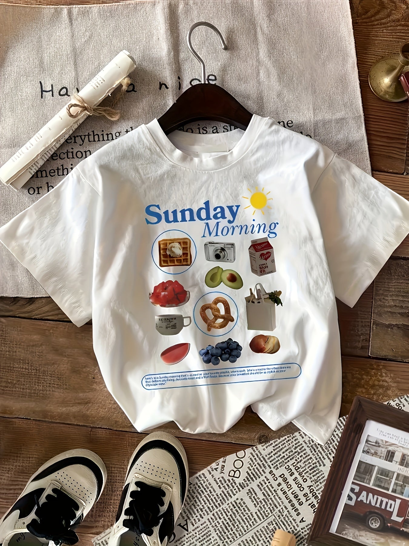 Women's Retro Graphic Short Sleeve T-Shirt - Sunday Morning Food Print, Breathable Semi-Sheer Fabric, Round Neck Casual Top for Summer, Machine Washable, Vintage T Shirts, Everyday Comfort Tee, Foodthemed Design, Soft Texture Shirt