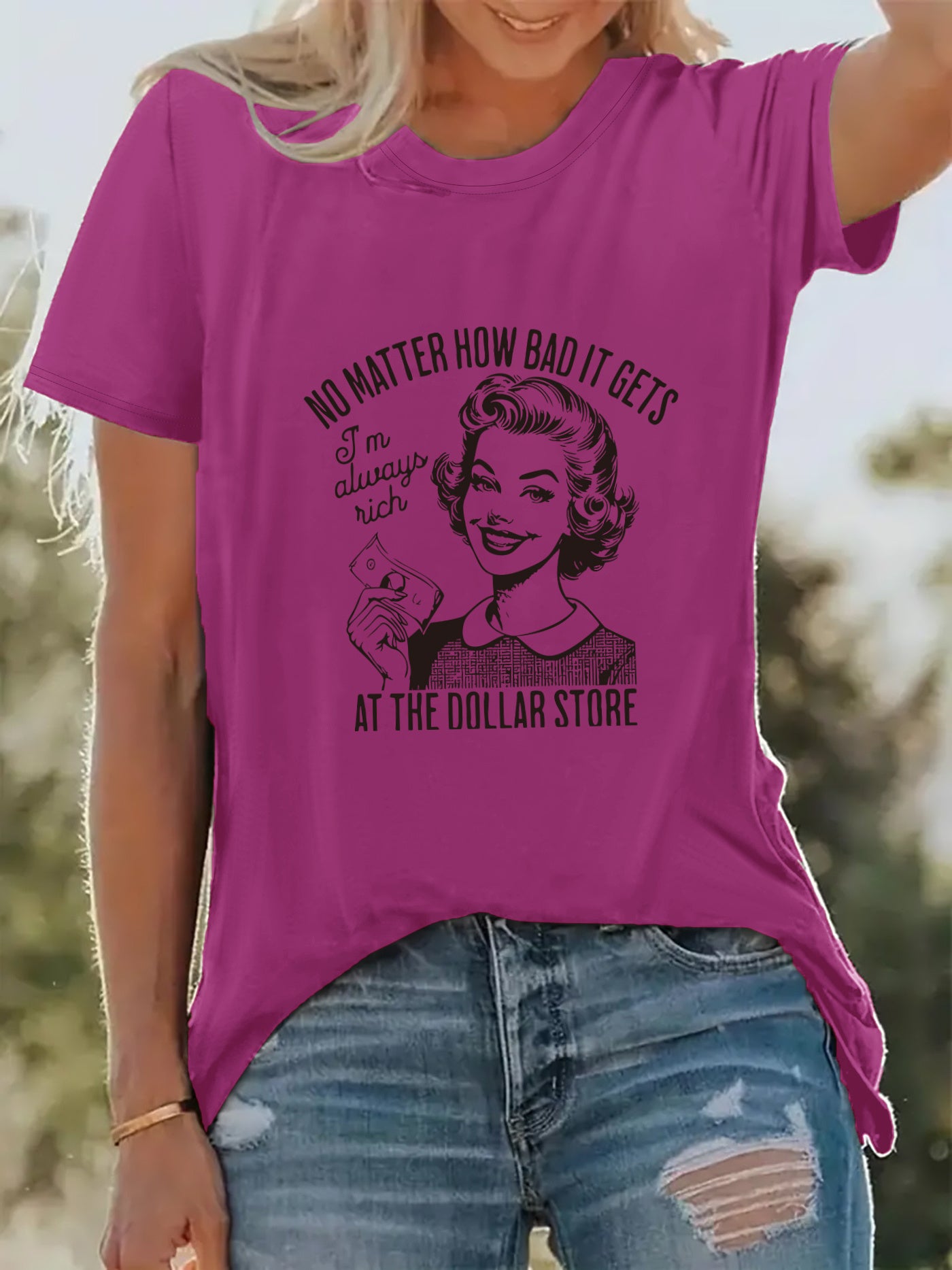 [Retro Style Tee] Pink Women's Retro Graphic T-Shirt | "I Don't Care How Bad It Gets" Vintage Illustration, Stretch Polyester Blend, Machine Washable, Casual Short Sleeve Tee, Perfect for Spring & Summer Vacations