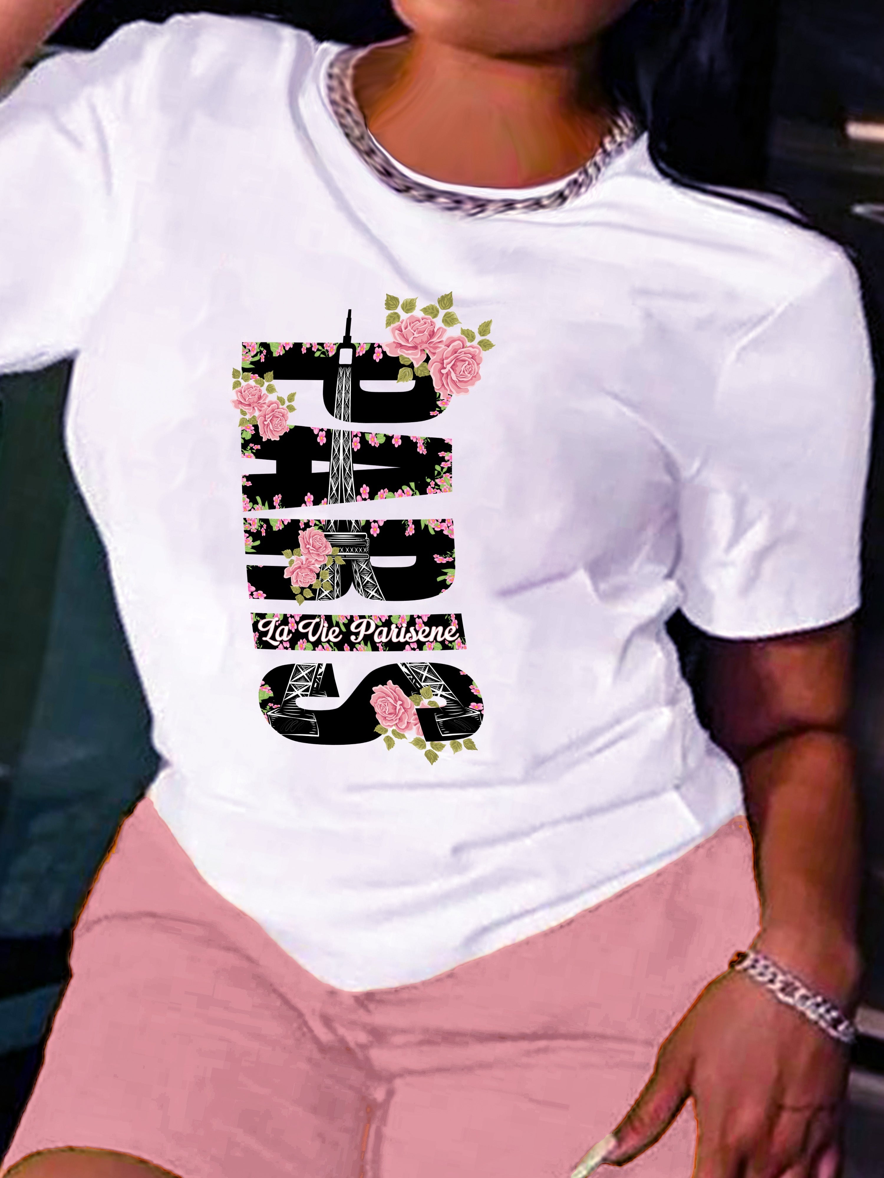 Chic Paris Eiffel Tower & Rose Graphic Tee - Casual Comfort Fit, Short Sleeve, Crew Neck T-Shirt for Women - Breathable Polyester Blend, Machine Washable, Spring Summer, Versatile