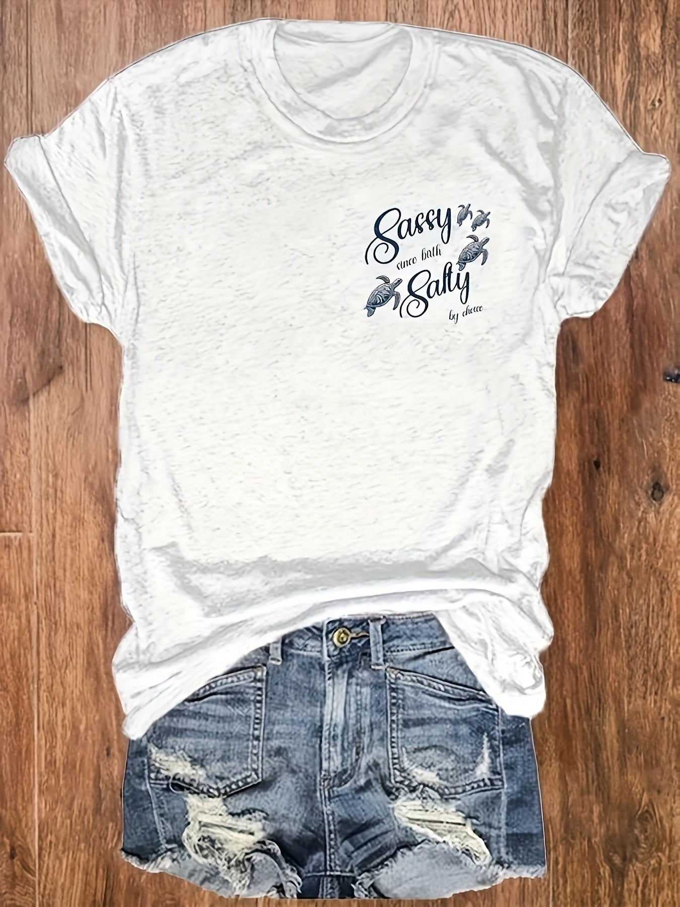 [Vibrant Red T-Shirt] Vibrant Red Women's Casual Short Sleeve T-Shirt | "Salty Like Me" Sea Turtle Graphic Print, Relaxed Fit Round Neck Top, Medium Stretch Machine Washable All-Season Beach Vacation & Casual Attire, Summer Clothing, Notch Detail Shirt,