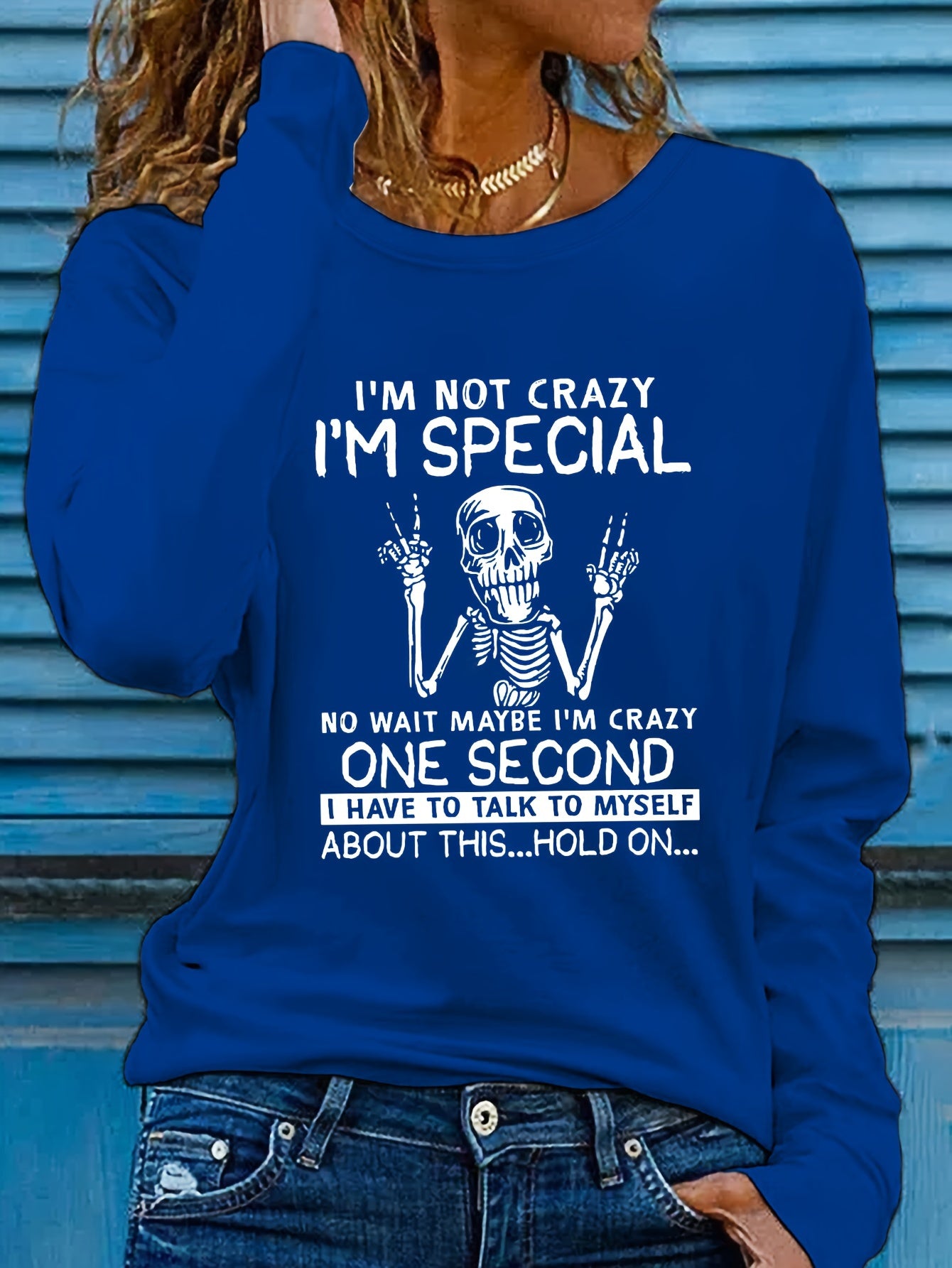 [Graphic T-Shirt] Humorous Graphic Women's Long Sleeve T-Shirt | "I'm Not Crazy" Letter Print Crew Neck Casual Top, Heather Gray, Machine Washable, Spring & Fall Essential, Allseason Fabric