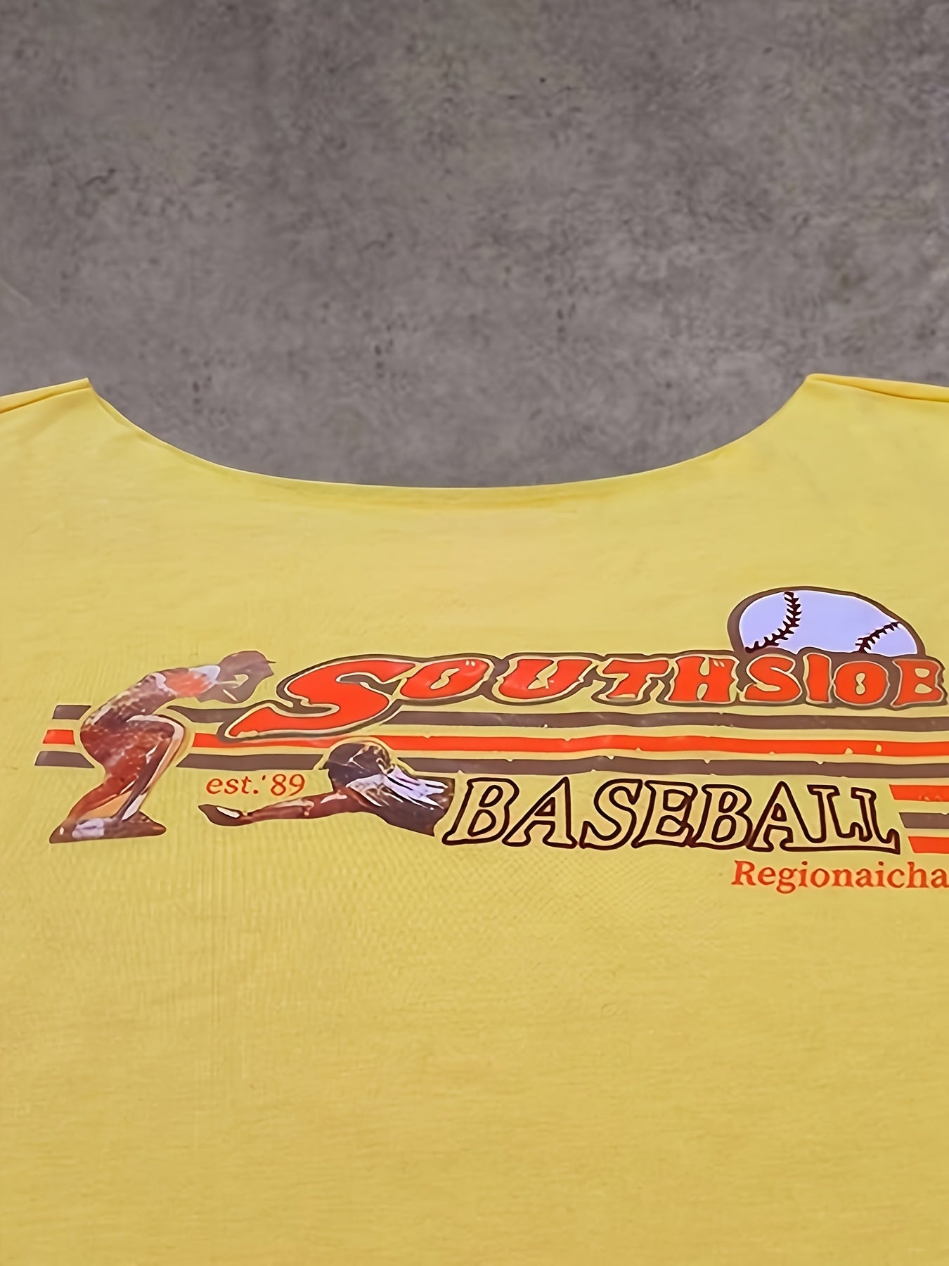 Women's Summer Casual Elegant Ruffled Sleeve T-Shirt - Vibrant Yellow with Retro "Southwest 1987" Letter Print, Asymmetrical Neckline & Relaxed Fit, Machine Washable
