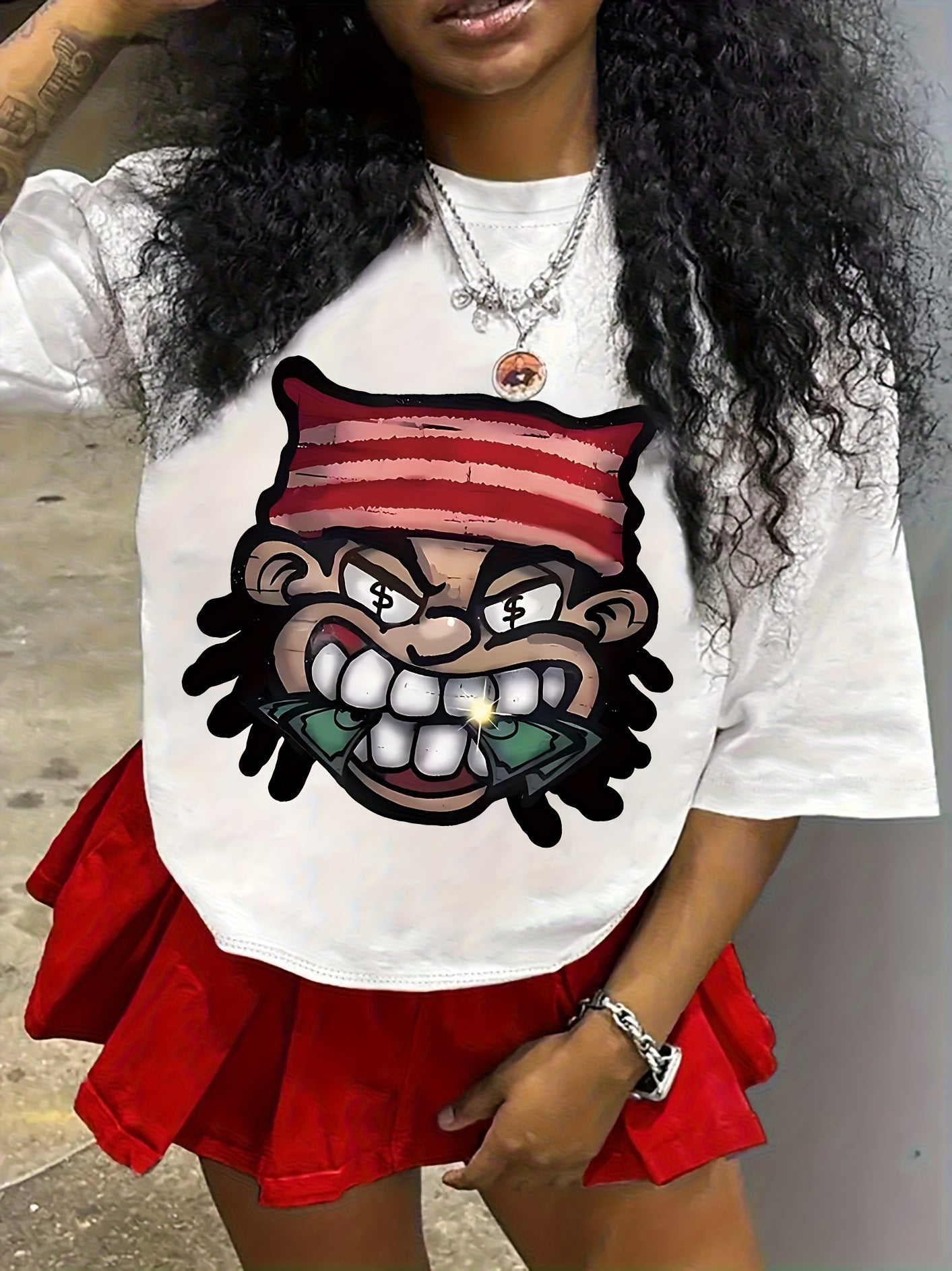 1pc Women'S Street Style Cartoon Print T-Shirt - "I'm a Badass" Graphic with Red Beanie & Money Design, Casual All-Season Tee, Perfect Holiday Gift, Casual Wear Tee | Playful Print Tee | Comfortable Fit, Cartoon T Shirts