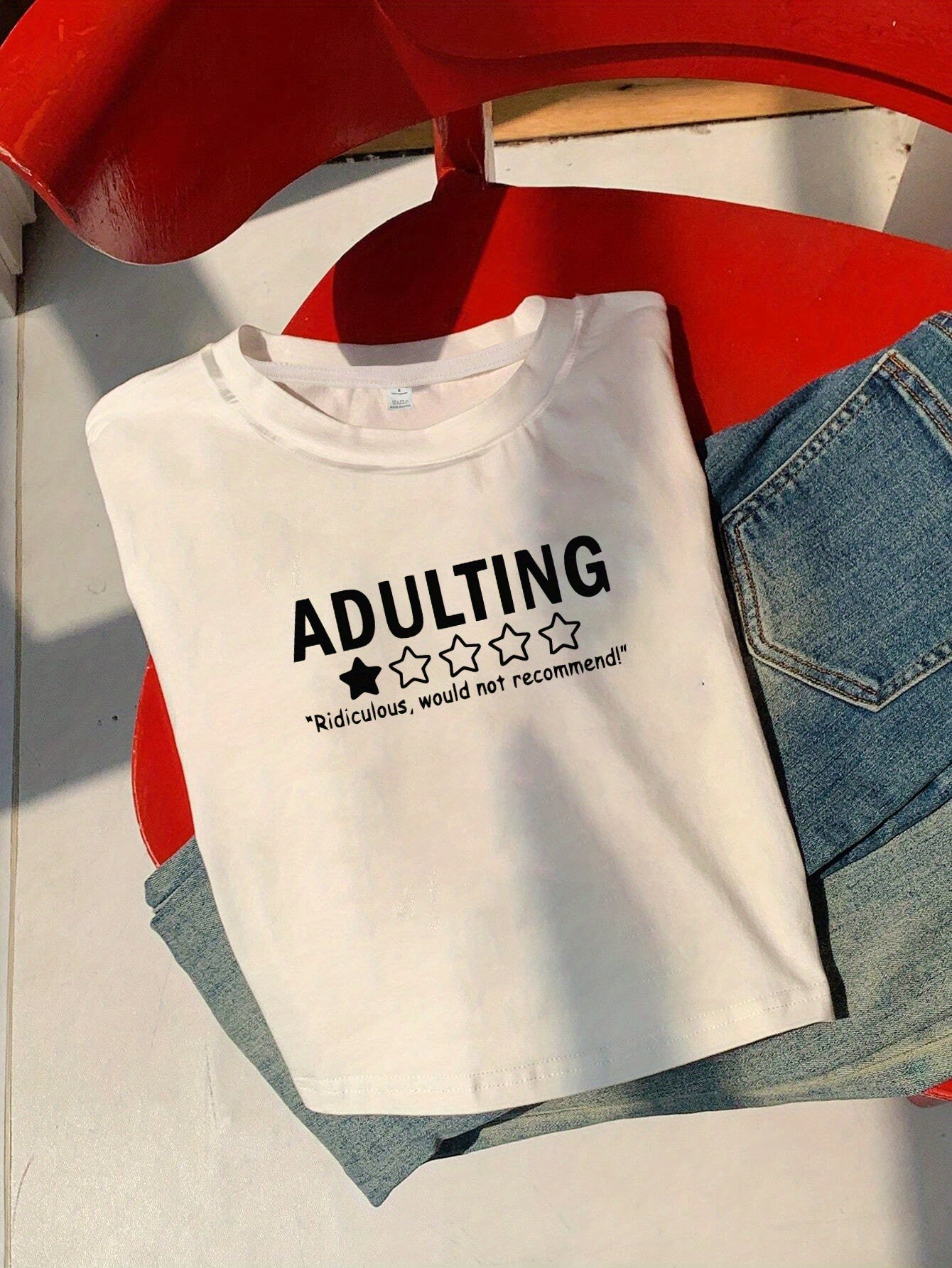 Women'S Y2K Style "Adulting" Printed T-Shirt, Polyester 100% Knit Fabric, Short Sleeve Crew Neck, Skinny Fit, Geometric Pattern, Applique Detail, Spring/Summer Casual Top
