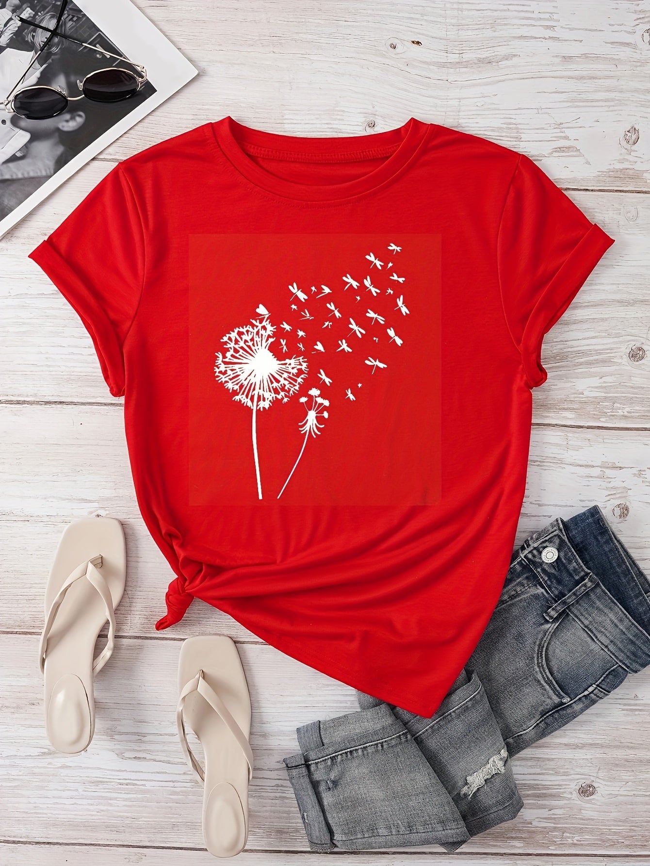 Dandelion Print Crew Neck T-Shirt, Casual Short Sleeve T-Shirt For Spring & Summer, Women's Clothing