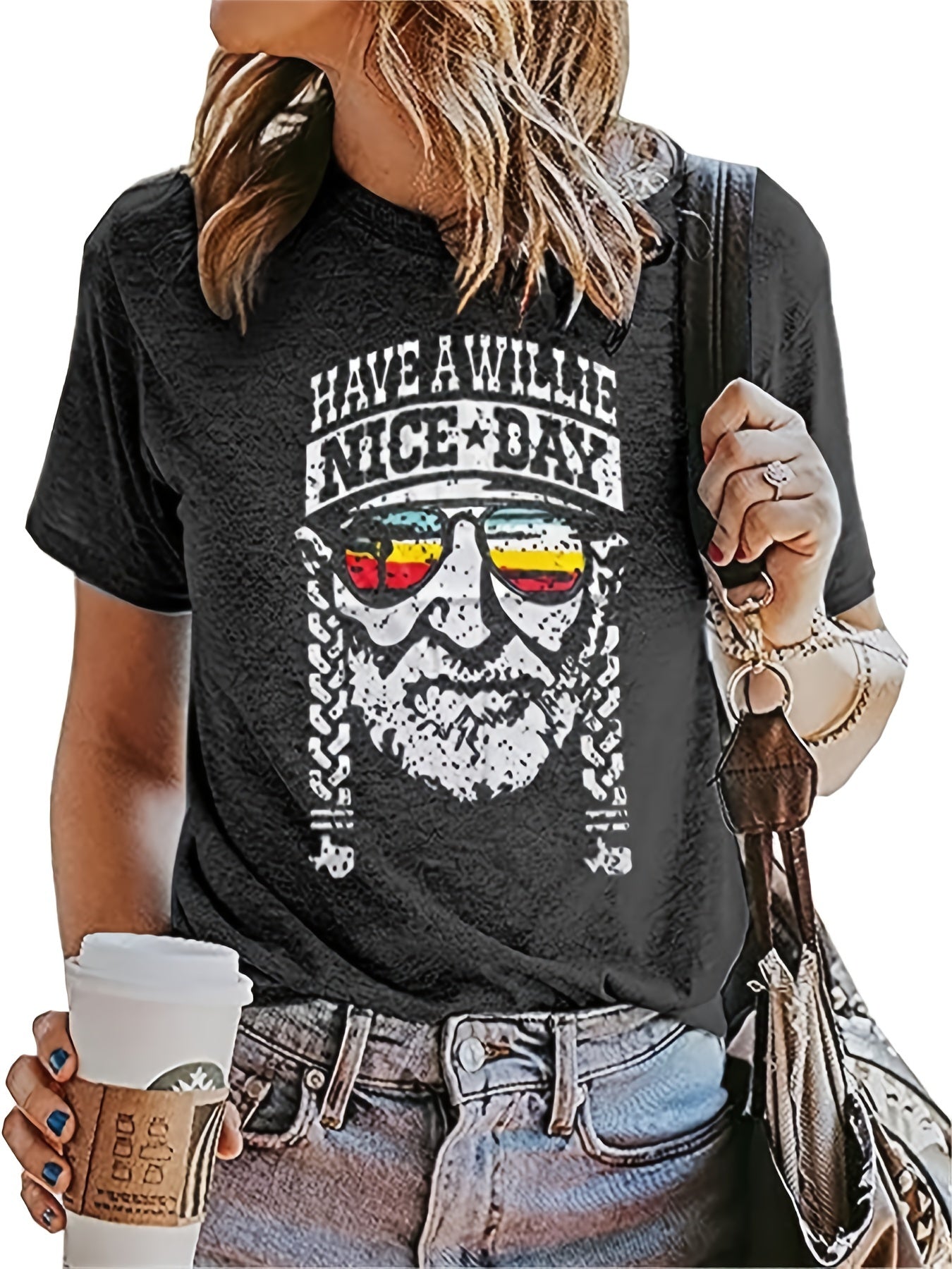 Women's Vintage Portrait Print Crew Neck T-Shirt - Smooth Polyester Micro Elasticity, Casual All-Season Top | Machine Wash Safe | Slight Stretch for Comfort