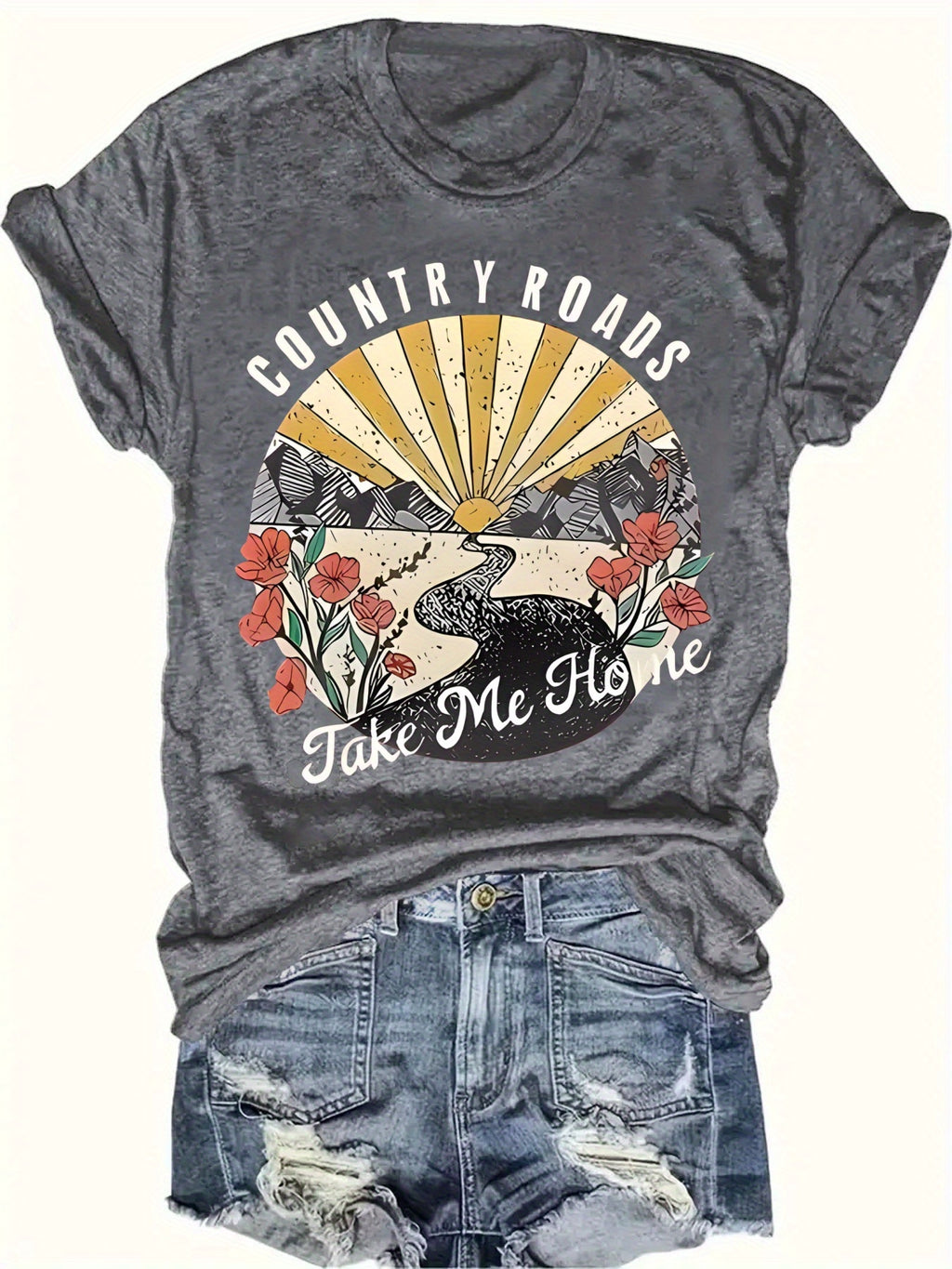 Women's Vibrant Red Graphic Print T-Shirt - Country Roads Take Me Home Design with Sun Rays, Birds & Floral Motifs, Short Sleeve Crew Neck Casual Top, Machine Washable Regular Fit for Summer & Spring, Everyday Comfort, Sunburst Design, Comfortable Tee