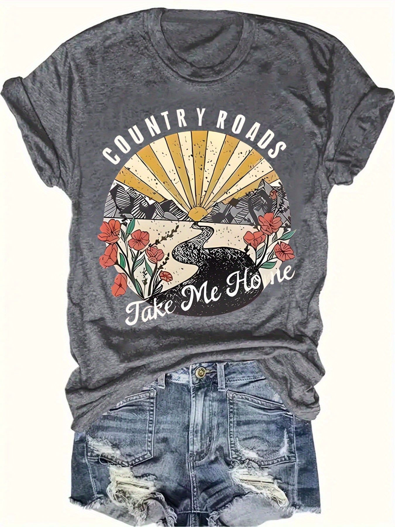 Women's Vibrant Red Graphic Print T-Shirt - Country Roads Take Me Home Design with Sun Rays, Birds & Floral Motifs, Short Sleeve Crew Neck Casual Top, Machine Washable Regular Fit for Summer & Spring, Everyday Comfort, Sunburst Design, Comfortable Tee