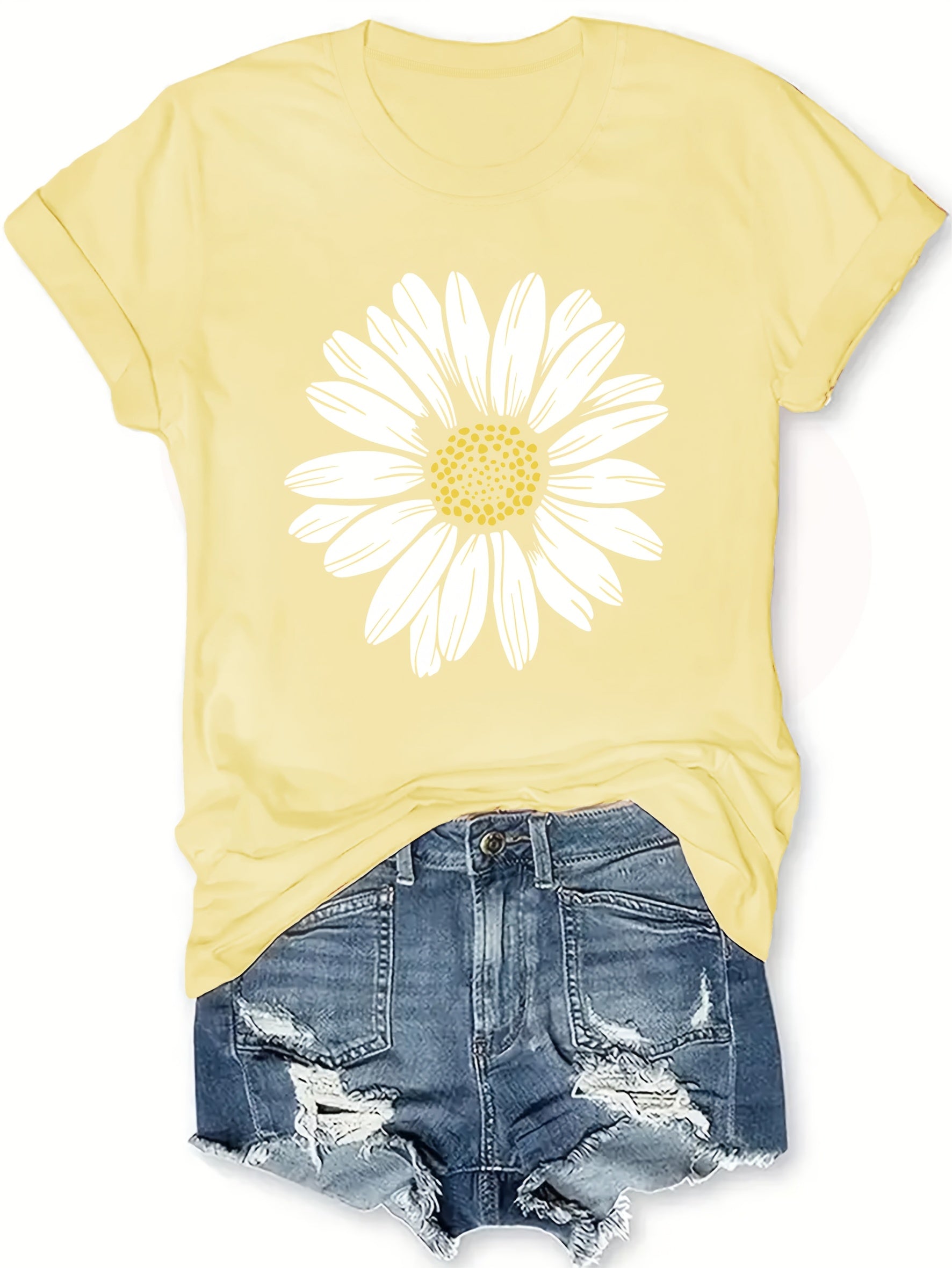 Women's Casual Daisy Flower Print T-Shirt - Vibrant Orange with White Floral Design, Round Neck, Medium Stretch, Machine Washable, Spring/Summer Essential, Spring Fashion Tee, Relaxed Fit Tee, Mediumstretch Fabric