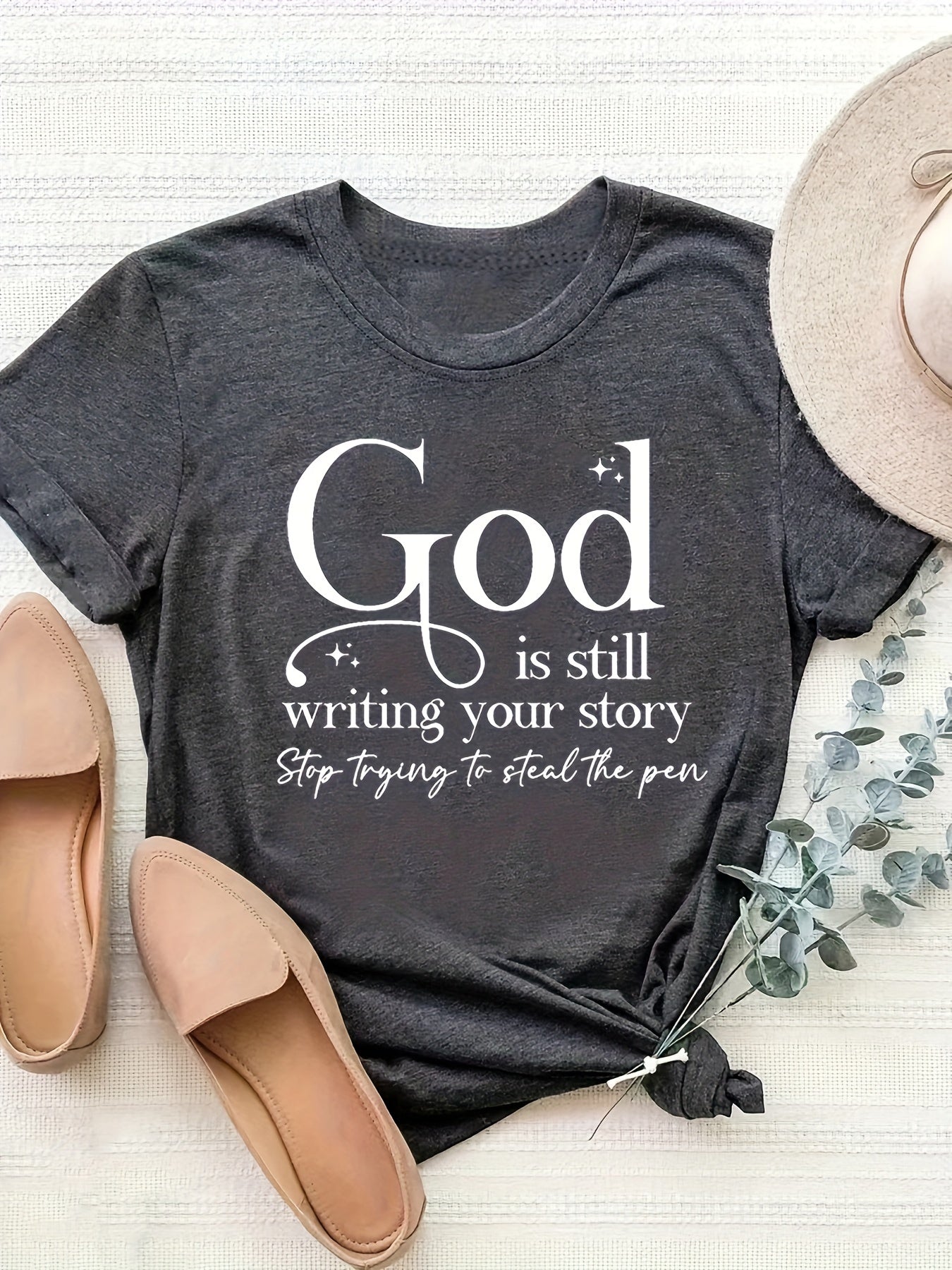 God Print Crew Neck T-shirt, Casual Short Sleeve Top For Spring & Summer, Women's Clothing