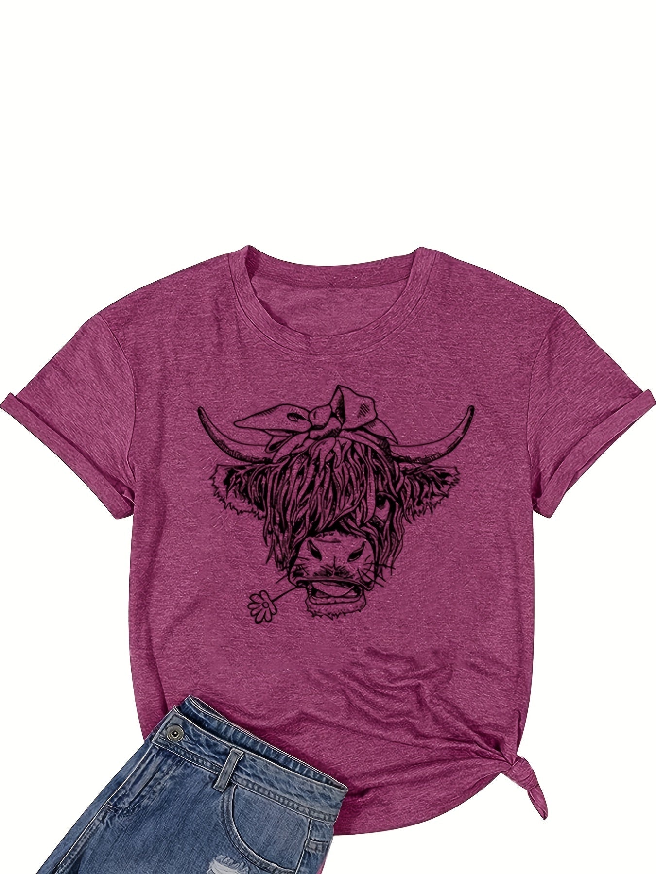 Cow Head Print T-Shirt, Crew Neck Short Sleeve T-Shirt, Casual Every Day Tops, Women's Clothing