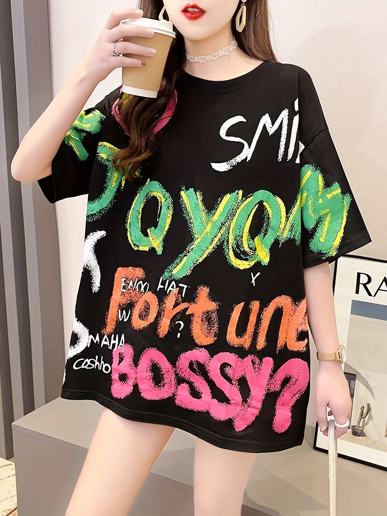 [Cute Plus Size T-Shirt] Plus Size Women's Cartoon Graphic Print T-Shirt | Casual Round Neck Short Sleeve Top, Breathable Mid-Stretch Fabric, Long Length for Spring Summer Fall, Machine Washable, Cute T Shirts, Seasonal Fashion, Trendy Design, Comfortable