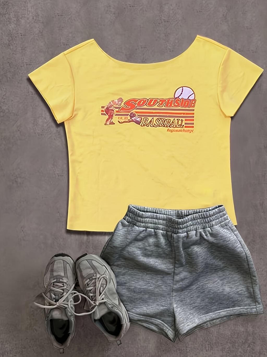Women's Summer Casual Elegant Ruffled Sleeve T-Shirt - Vibrant Yellow with Retro "Southwest 1987" Letter Print, Asymmetrical Neckline & Relaxed Fit, Machine Washable