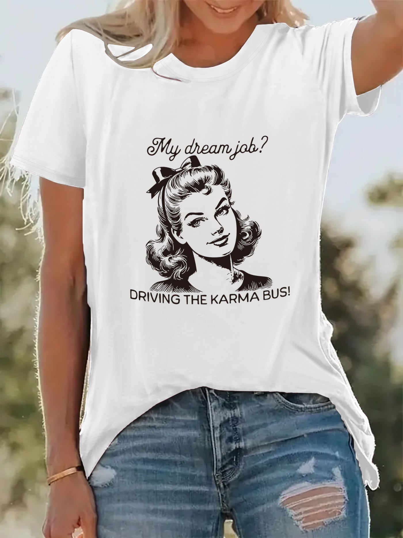 Women'S "My Dream Job? Driving the Karmabus!" Graphic Tee - Casual Crew Neck, Stretchy Polyester Blend, Short Sleeve, Machine Washable - Perfect for Spring & Summer Vacations, Vacation Clothing | Playful Print | Comfortable Fit, Ladies T Shirts