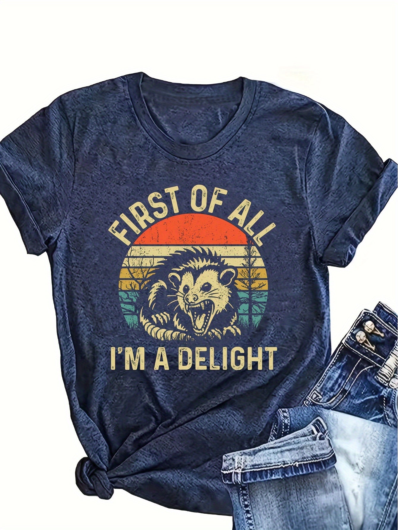 [Casual Crew Neck T-Shirt] Women's Casual Crew Neck T-Shirt with Alphabet Print - Polyester Blend (60% Polyester, 35% Rayon, 5% Spandex) - Versatile All-Season Top