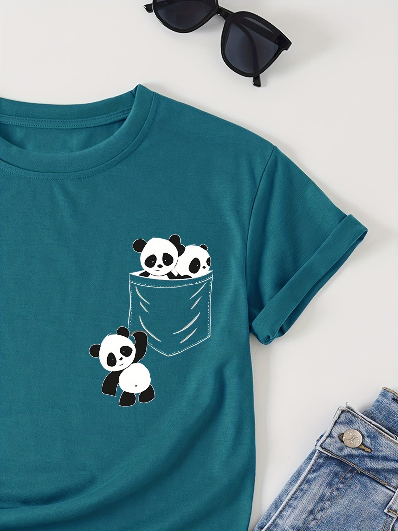 Panda Print Crew Neck T-Shirt, Casual Short Sleeve T-Shirt For Spring & Summer, Women's Clothing