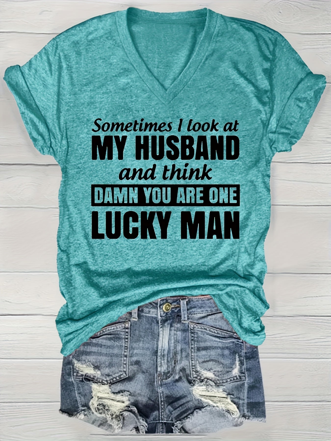 [Plus Size Teal T-Shirt] Plus Size Women's Teal V-Neck Short Sleeve Casual T-Shirt | Funny "Lucky for a Man" Quote, Loose Fit, Perfect for Summer, Casual Summer Wear, Slight Stretch Fabric