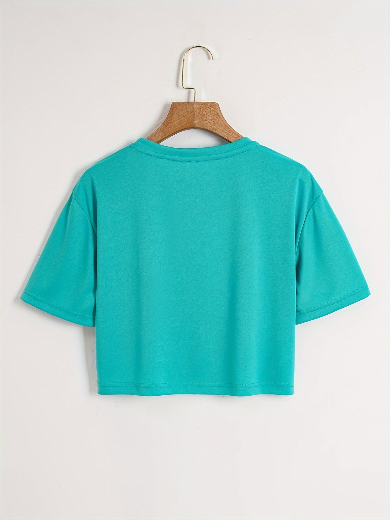 Women'S Casual Crew Neck Short Sleeve T-Shirt - Light Blue with White Graphic Print, Soft Polyester Blend, Summer Essential for Casual Attire, Ladies T Shirts