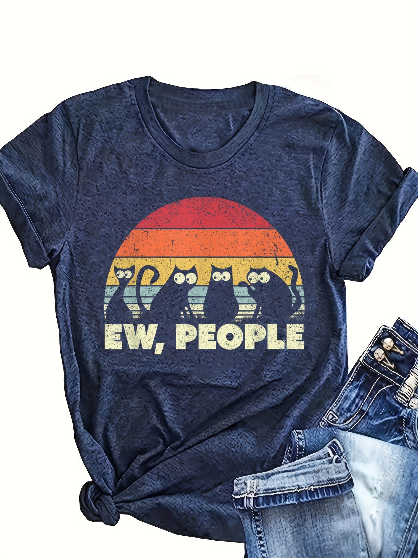 Funny Cat Print Crew Neck T-shirt, Casual Short Sleeve Top For Spring & Summer, Women's Clothing